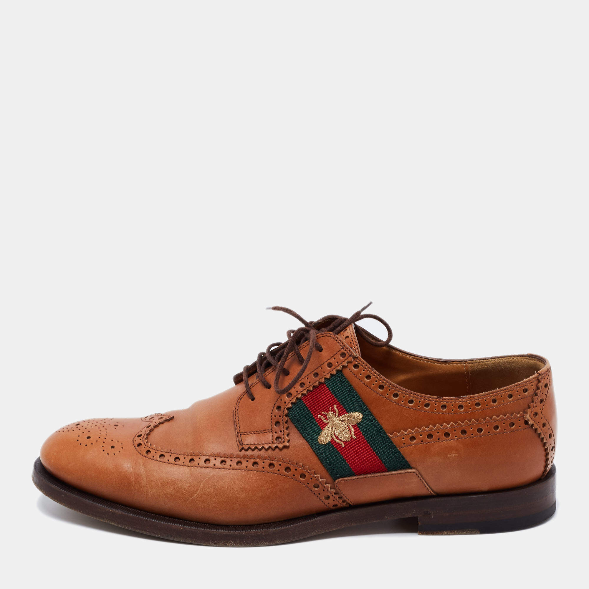 Pre Owned Gucci Tan Leather Bee Web Detail Lace Up Brogue Oxfords Size 44