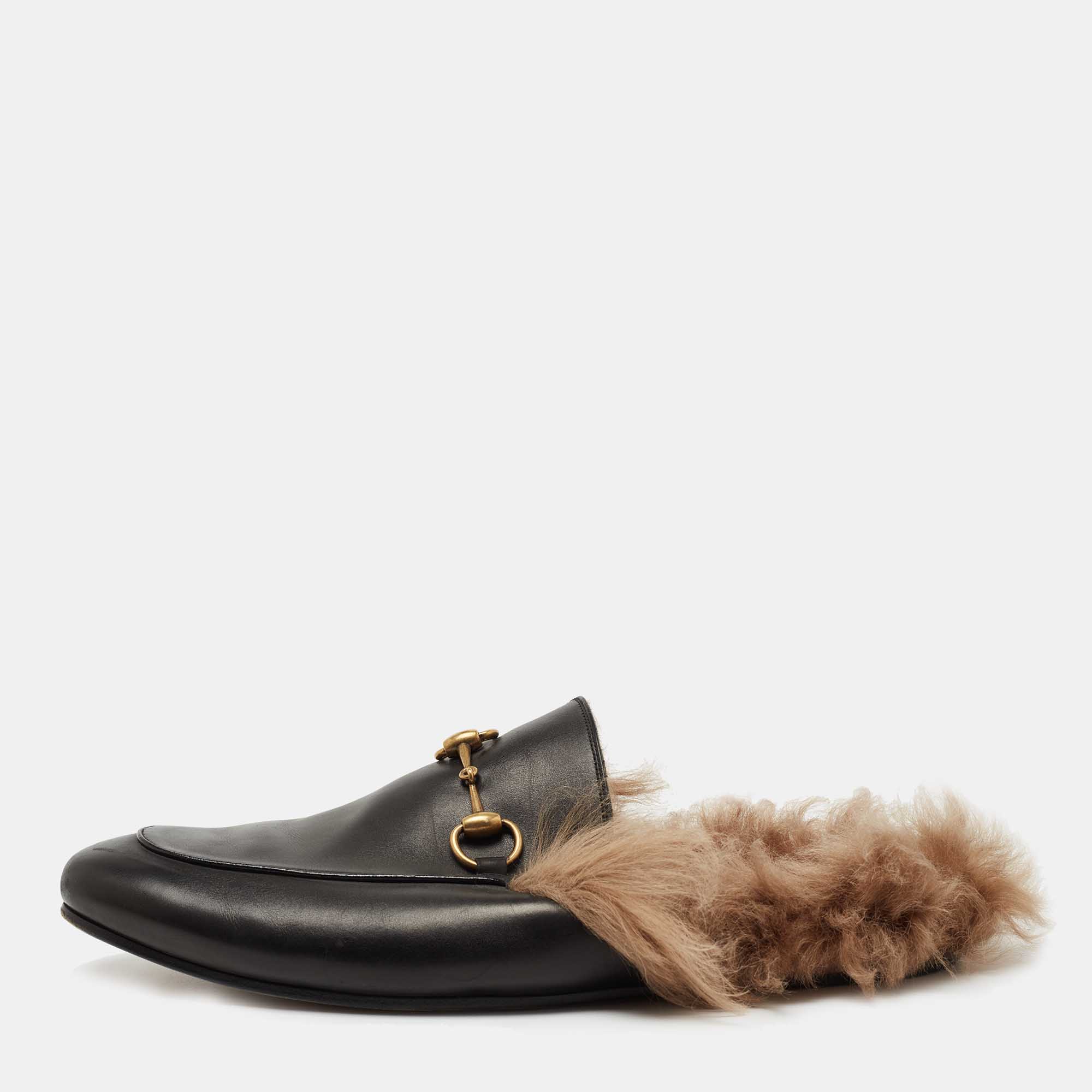 Gucci Black Leather and Fur Lined Princetown Flat Mules Size 44