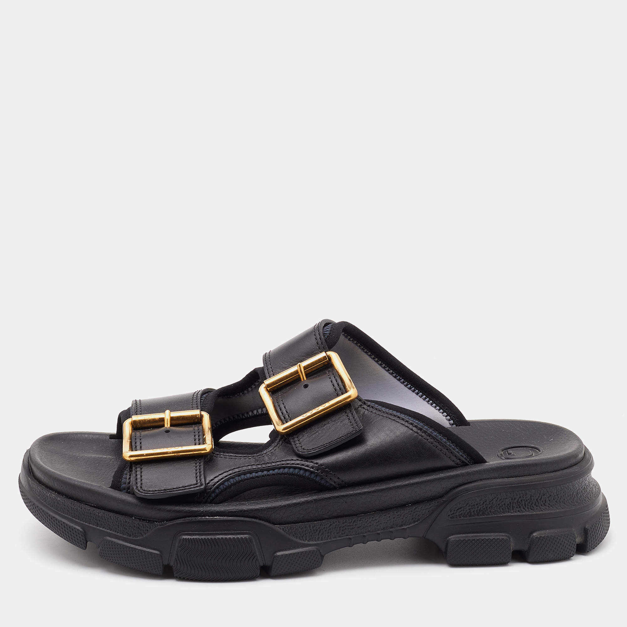 Gucci Black Leather Aguru Buckle Flat Slides Size 42.5