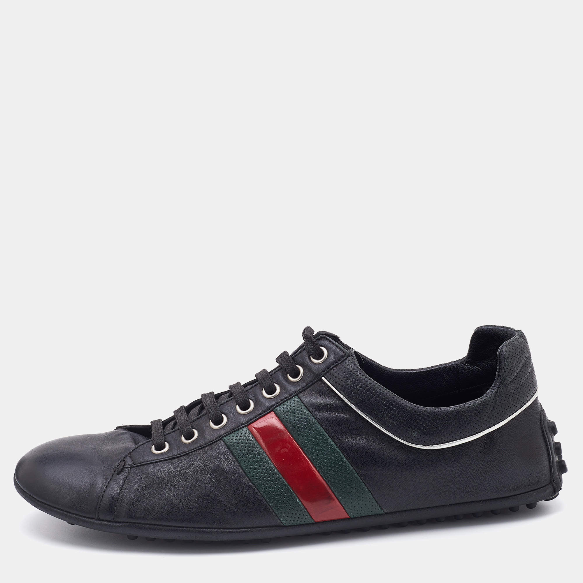 Gucci Black Leather Web Detail Low Top Sneakers Size 42.5