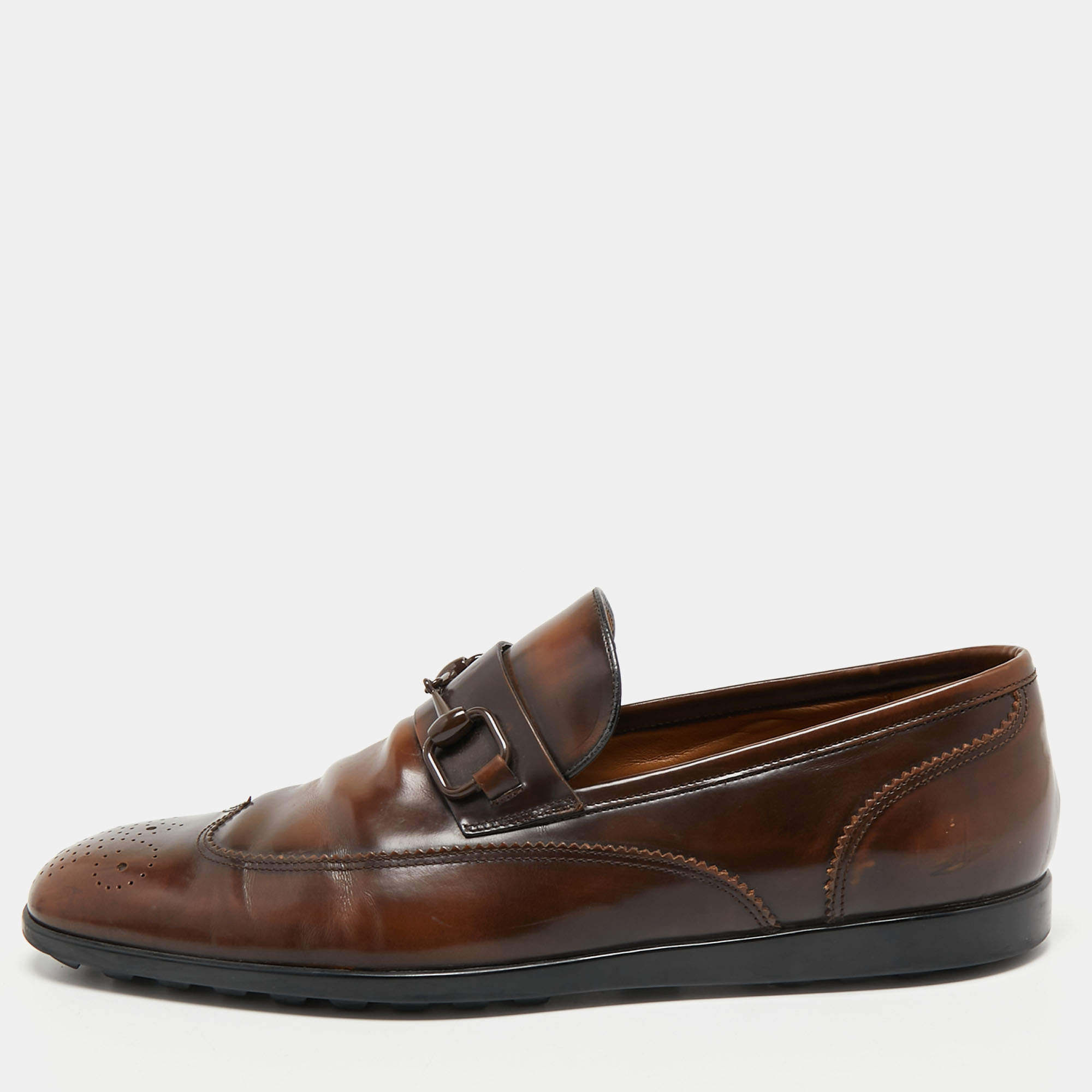 Gucci Brown Brogue Wingtip Leather Horsebit Loafers Size 44.5