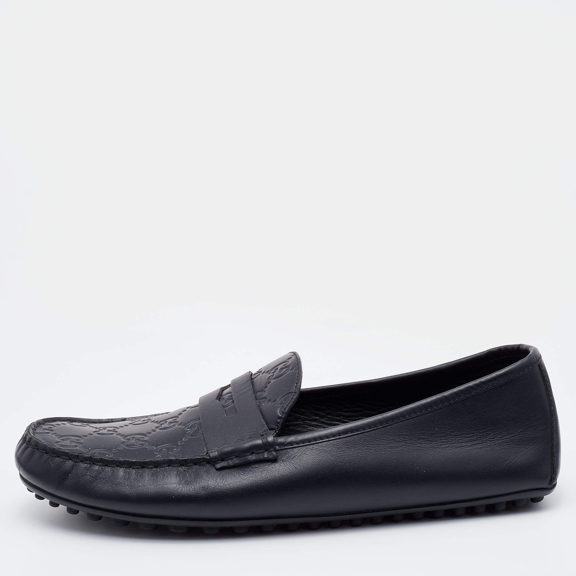 Pre Owned Gucci Black Guccissima Leather Penny Slip On Loafers Size 42