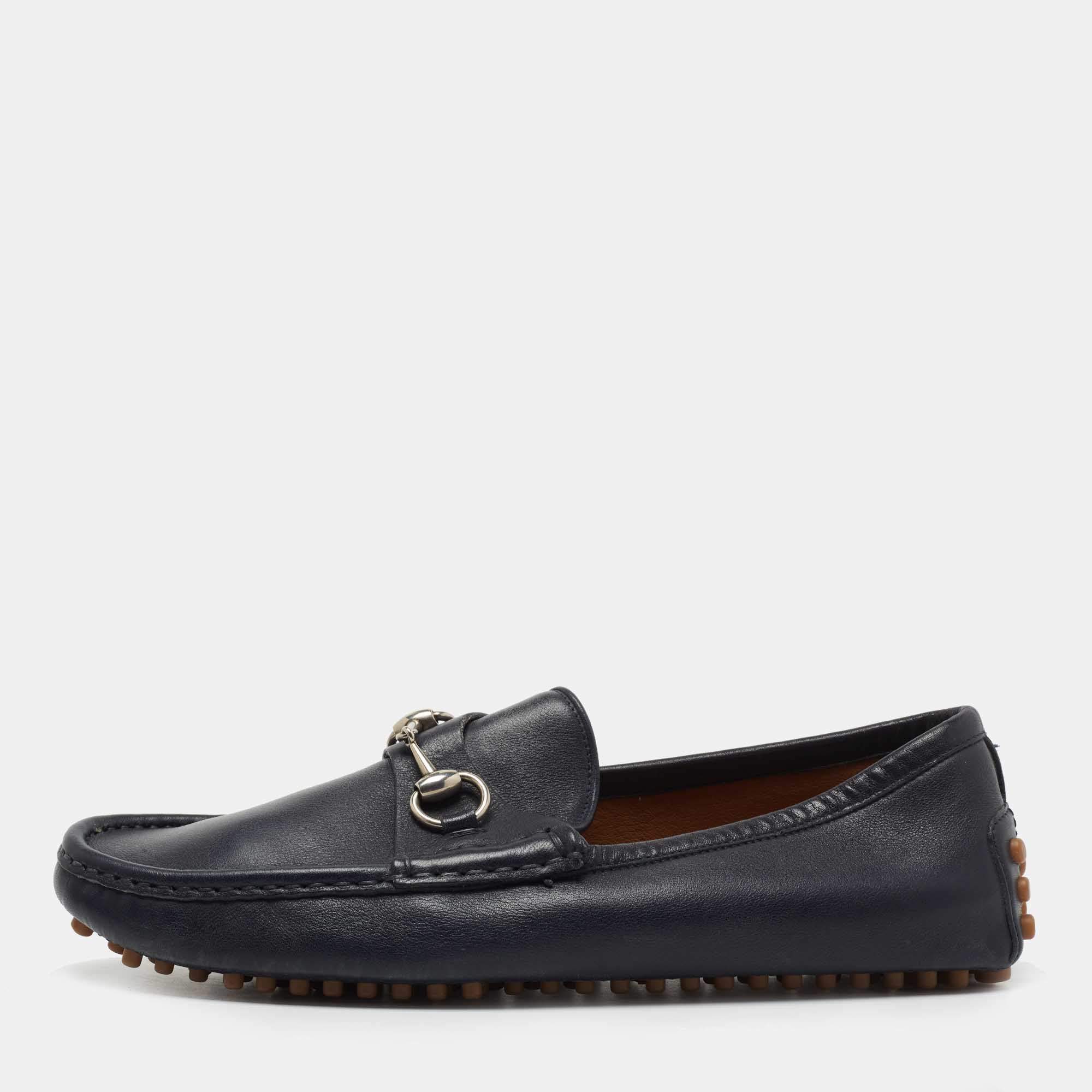 Gucci Navy Blue Leather Horsebit Driver Loafers Size 41