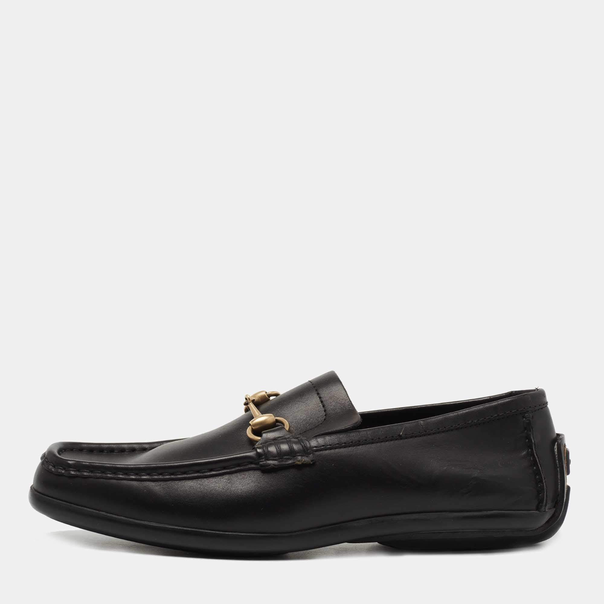 Gucci Black Leather Horsebit Slip On Loafers Size 42