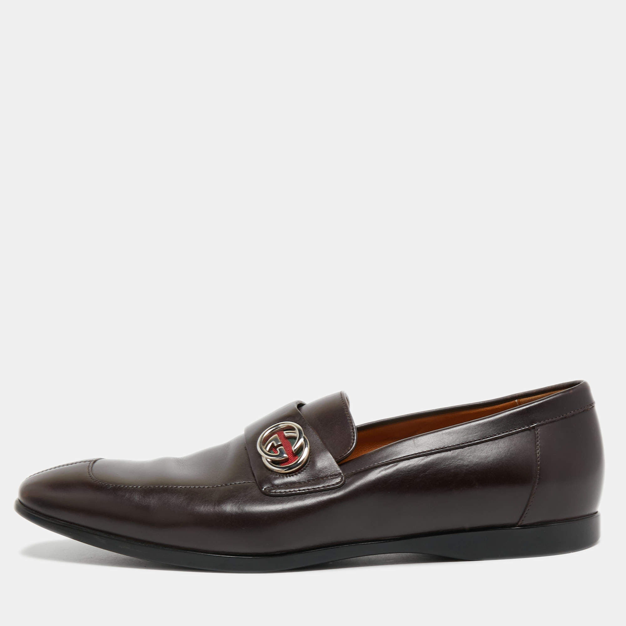 Pre Owned Gucci Dark Brown Leather Interlocking G Slip On Loafers Size 39.5