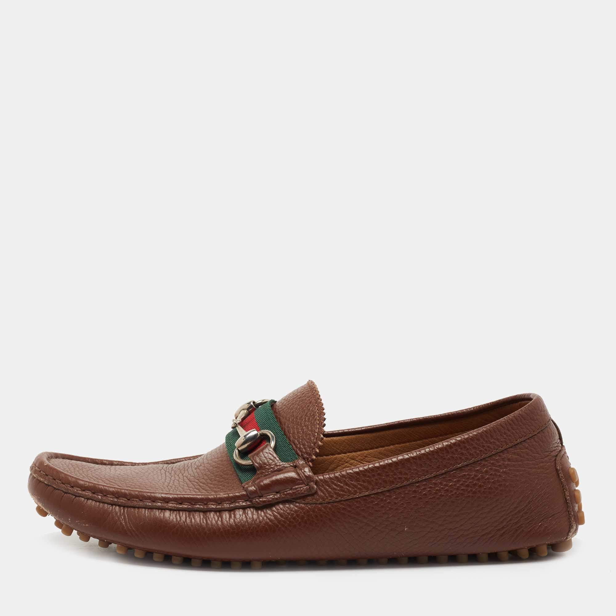 Gucci Brown Leather Web Horsebit Loafers Size 41.5