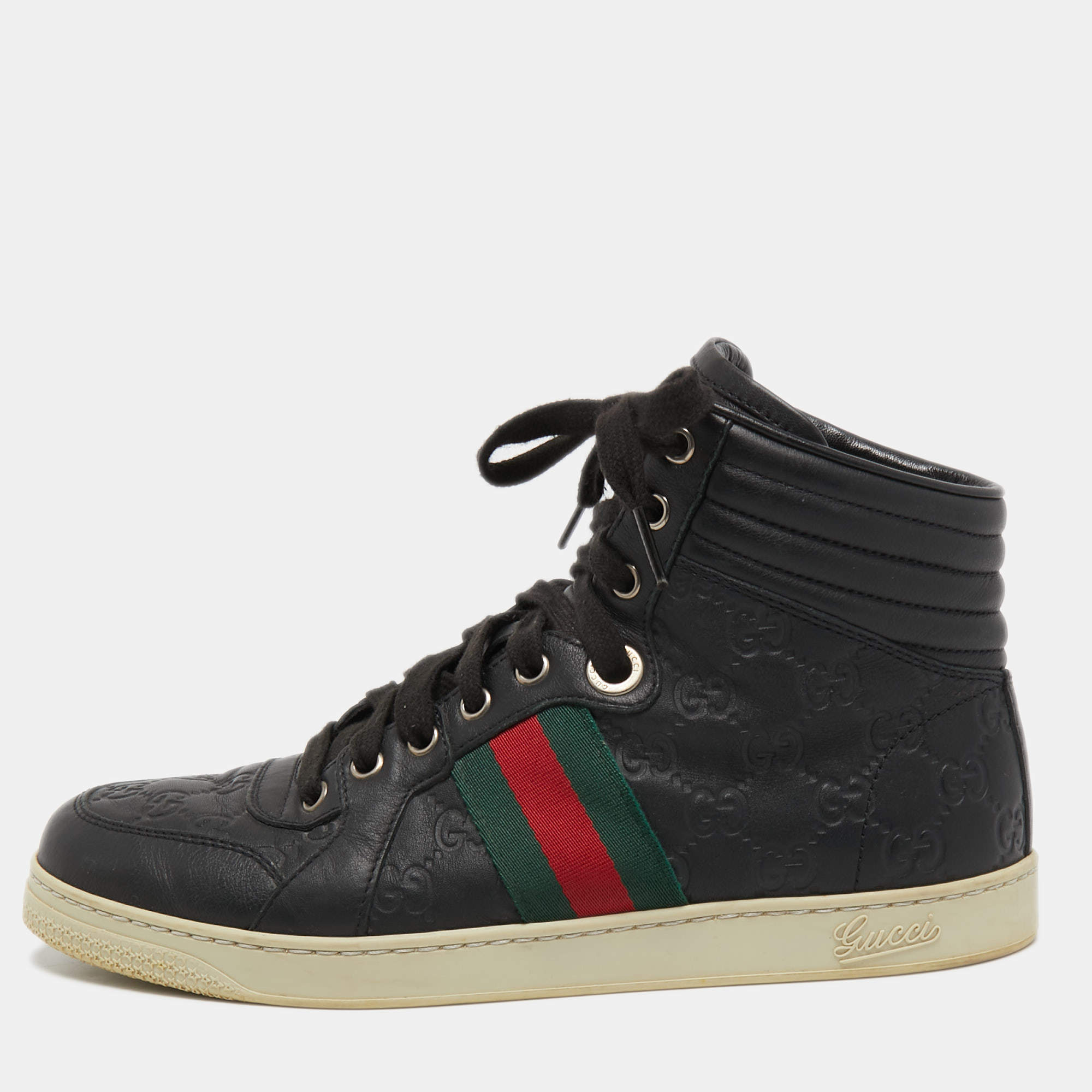 Pre Owned Gucci Black Guccissima Leather Web Detail High Top Sneakers Size 40.5