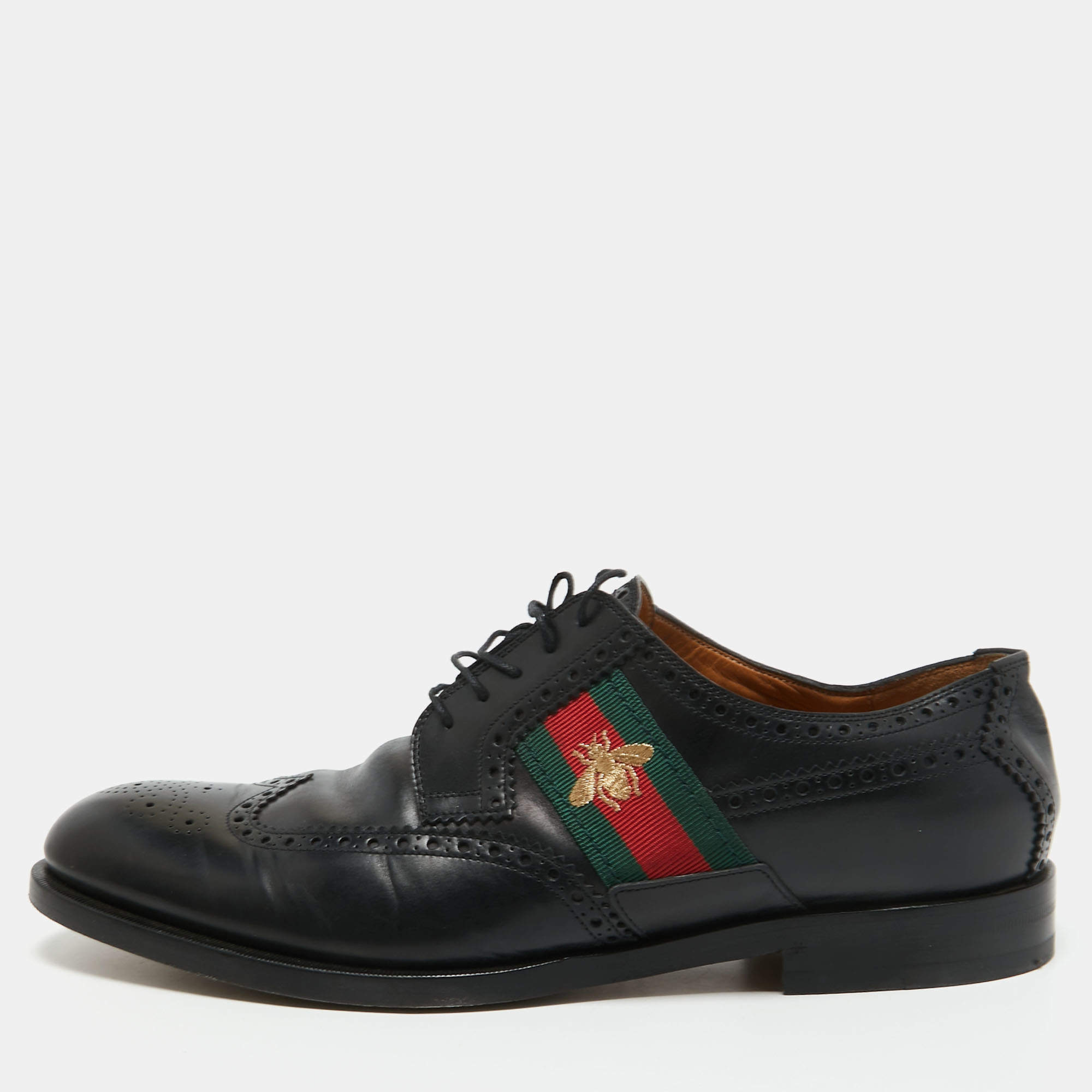 Gucci Black Brogue Leather Bee Web Detail Lace Up Oxfords Size 46.5