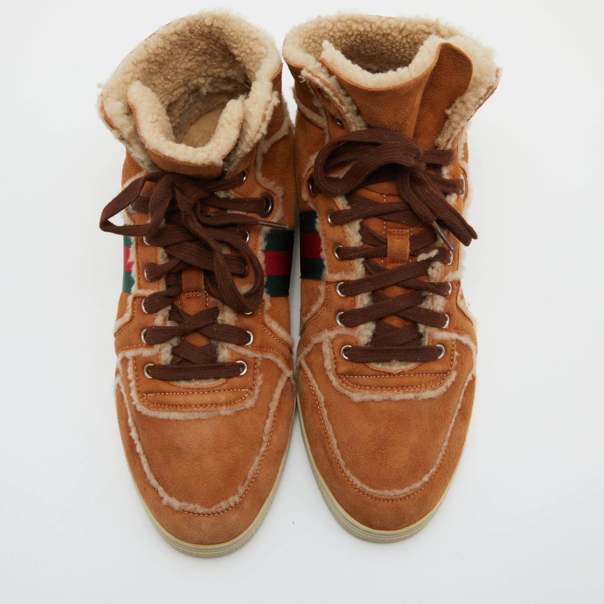 Gucci Brown Suede and Shearking Web Lace Up High Top Sneakers Size 43.5  Gucci