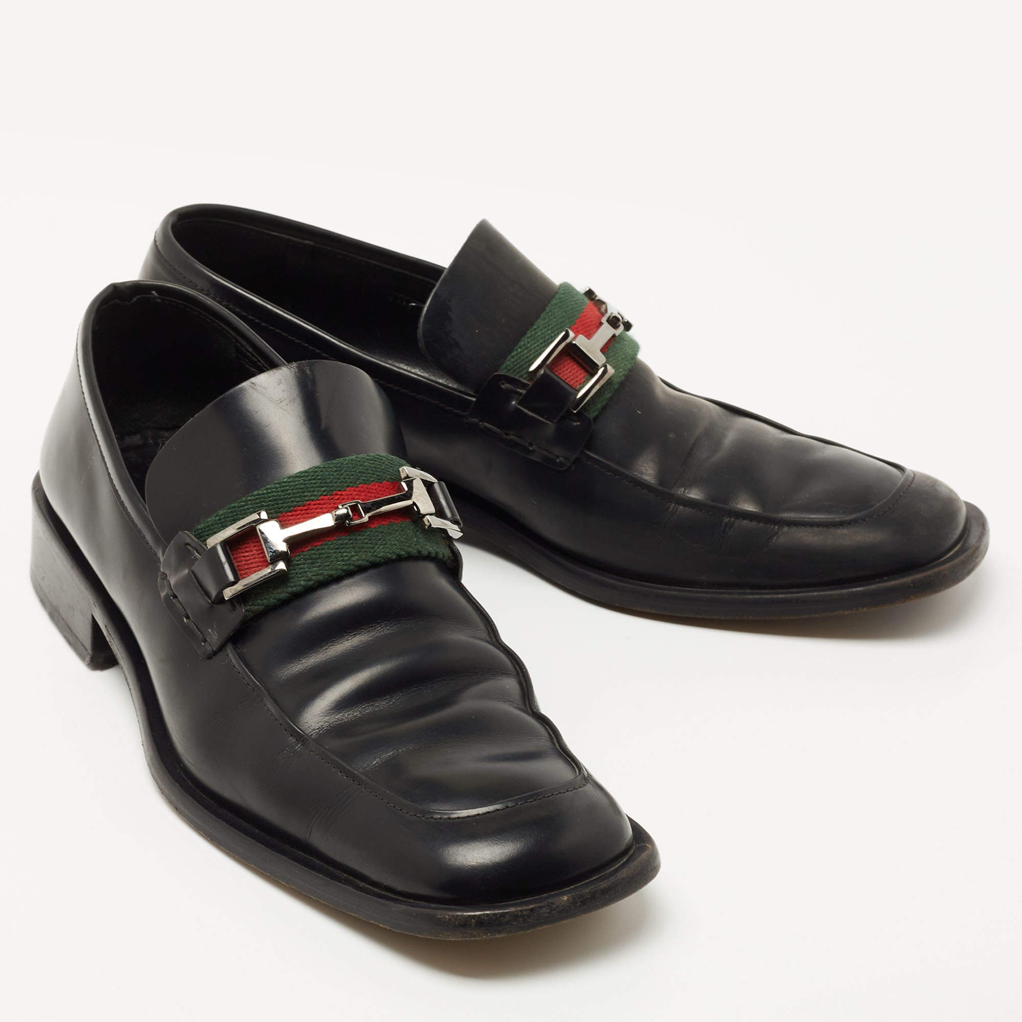 Gucci Black Leather Horsebit Web Detail Slip On Loafers Size 37 Gucci | TLC