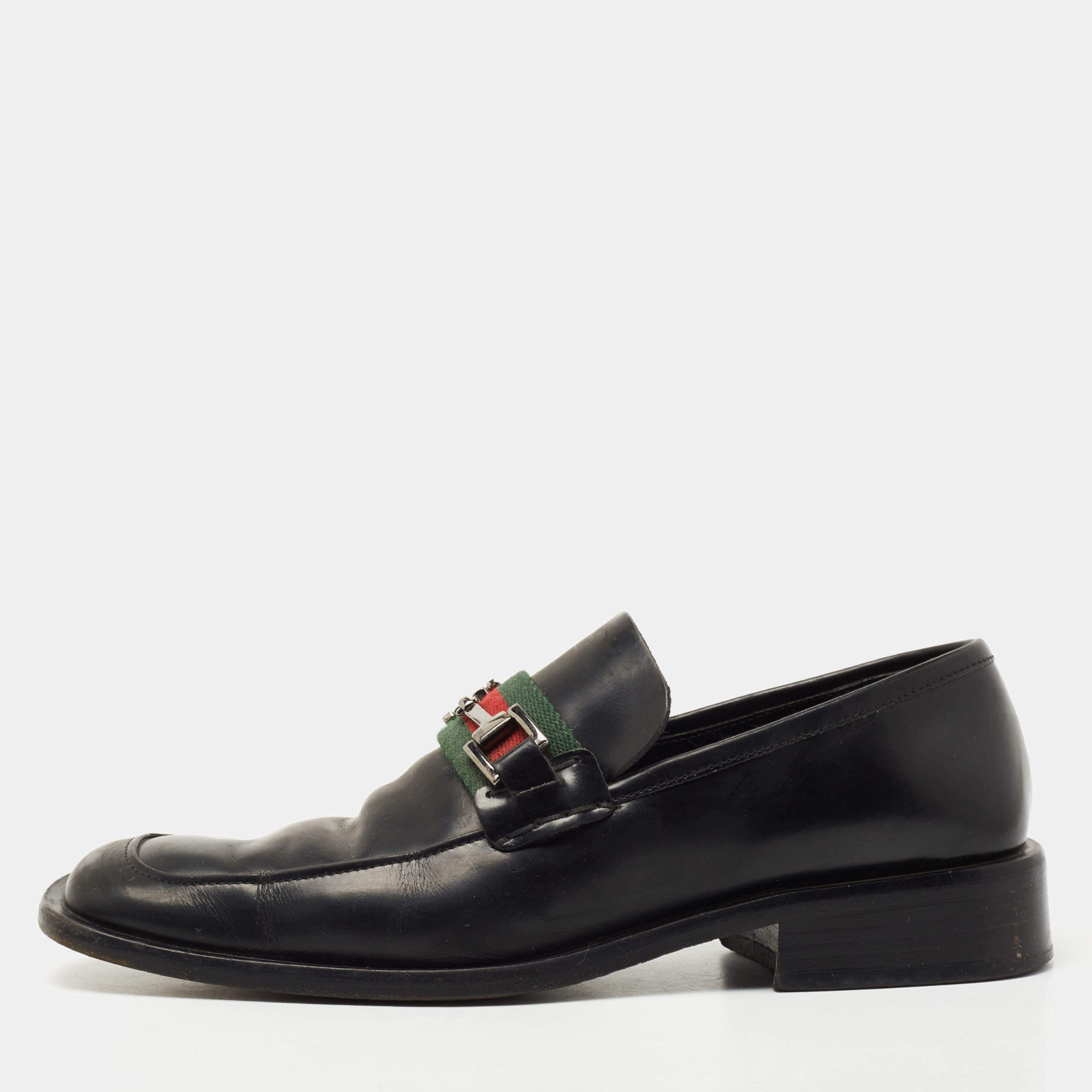 Pre Owned Gucci Black Leather Horsebit Web Detail Slip On Loafers Size 37