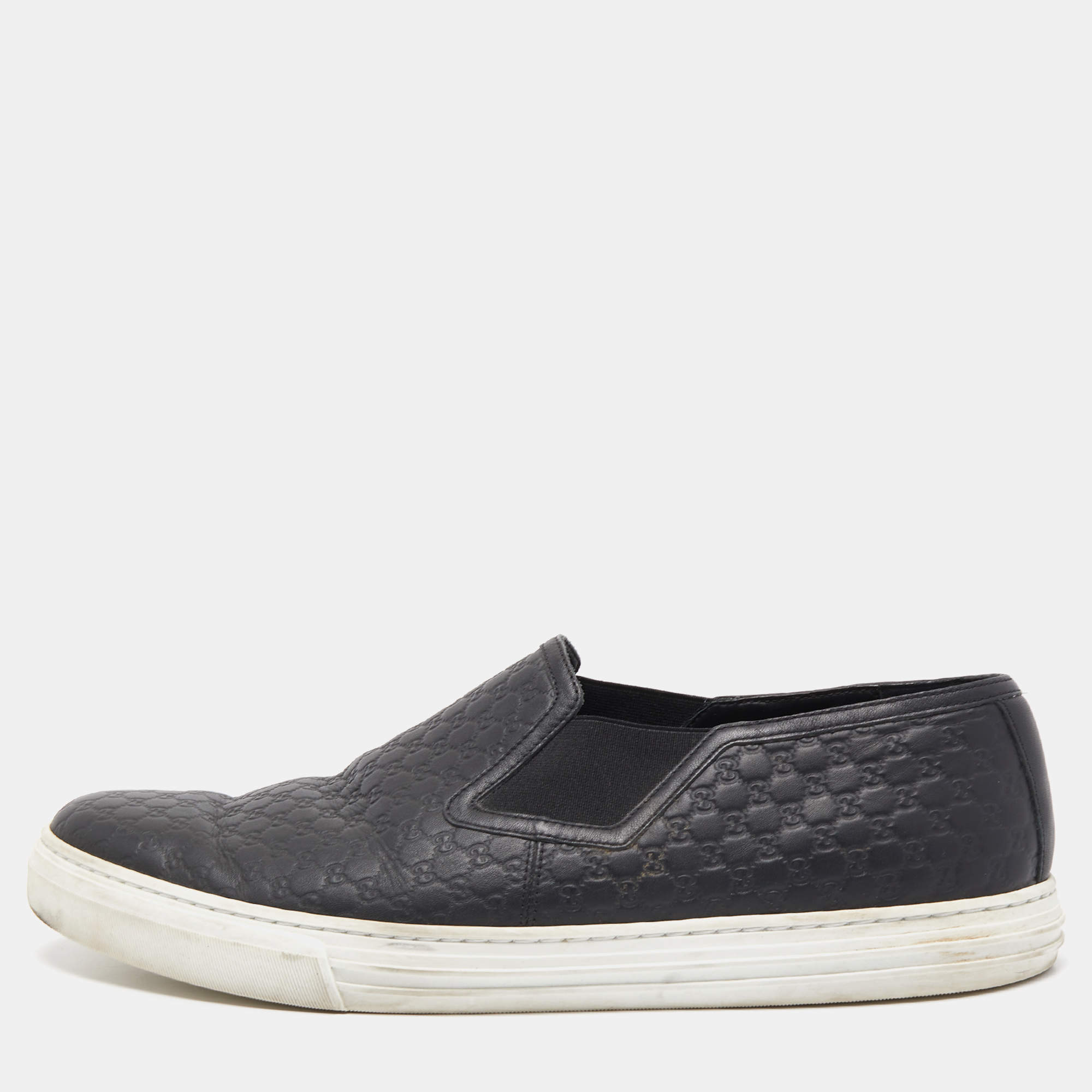 مملوكة مسبقًا Gucci Black Microguccissima Leather Slip-On Sneakers Size 46.5
