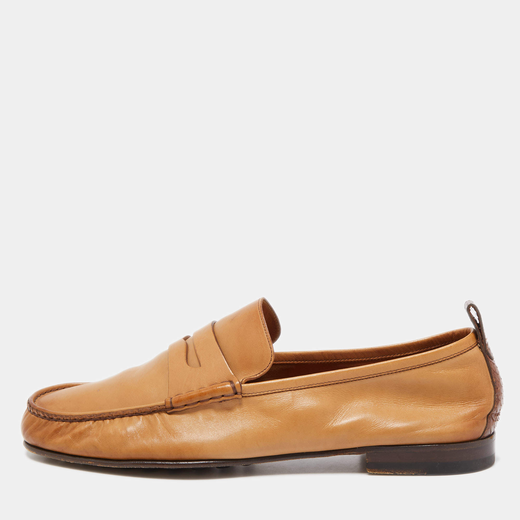 Pre Owned Gucci Brown Leather Slip On Loafers Size 44