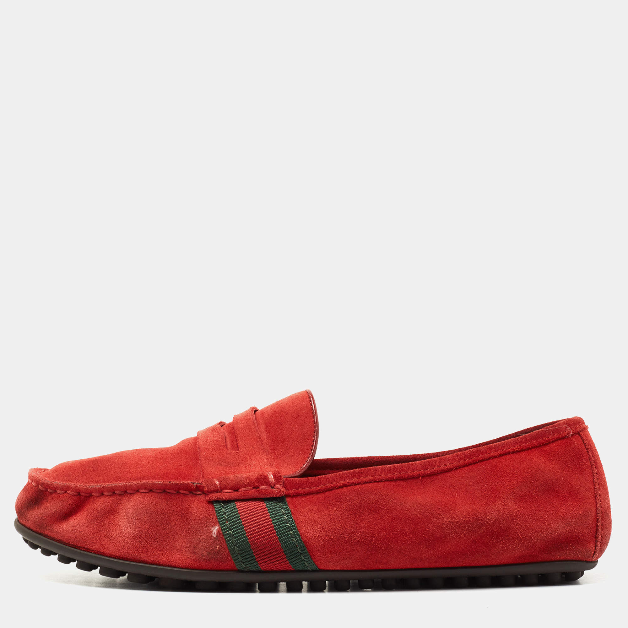Pre Owned Gucci Red Suede Web Trim Penny Loafers Size 40.5