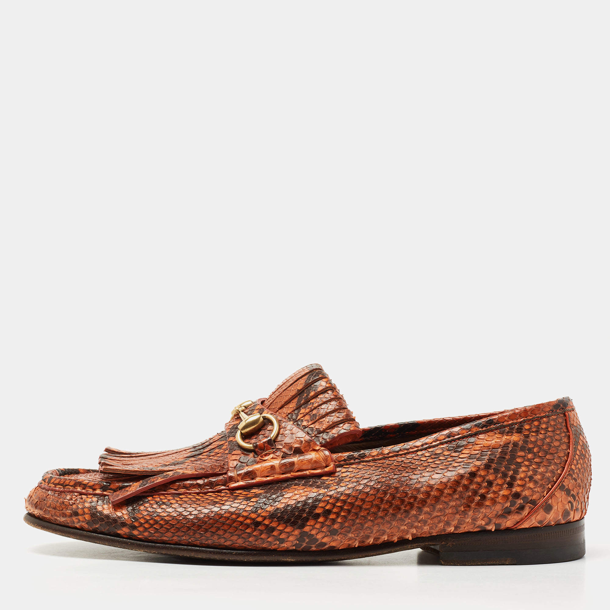 Pre Owned Gucci Orange/Brown Python Fringes Horsebit Slip On Loafers Size 43.5 