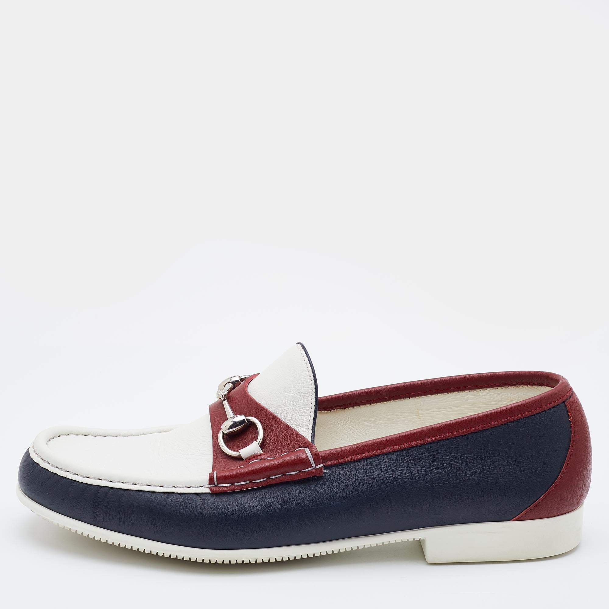 Pre Owned Gucci Tricolor Leather Horsebit Slip On Loafers Size 44