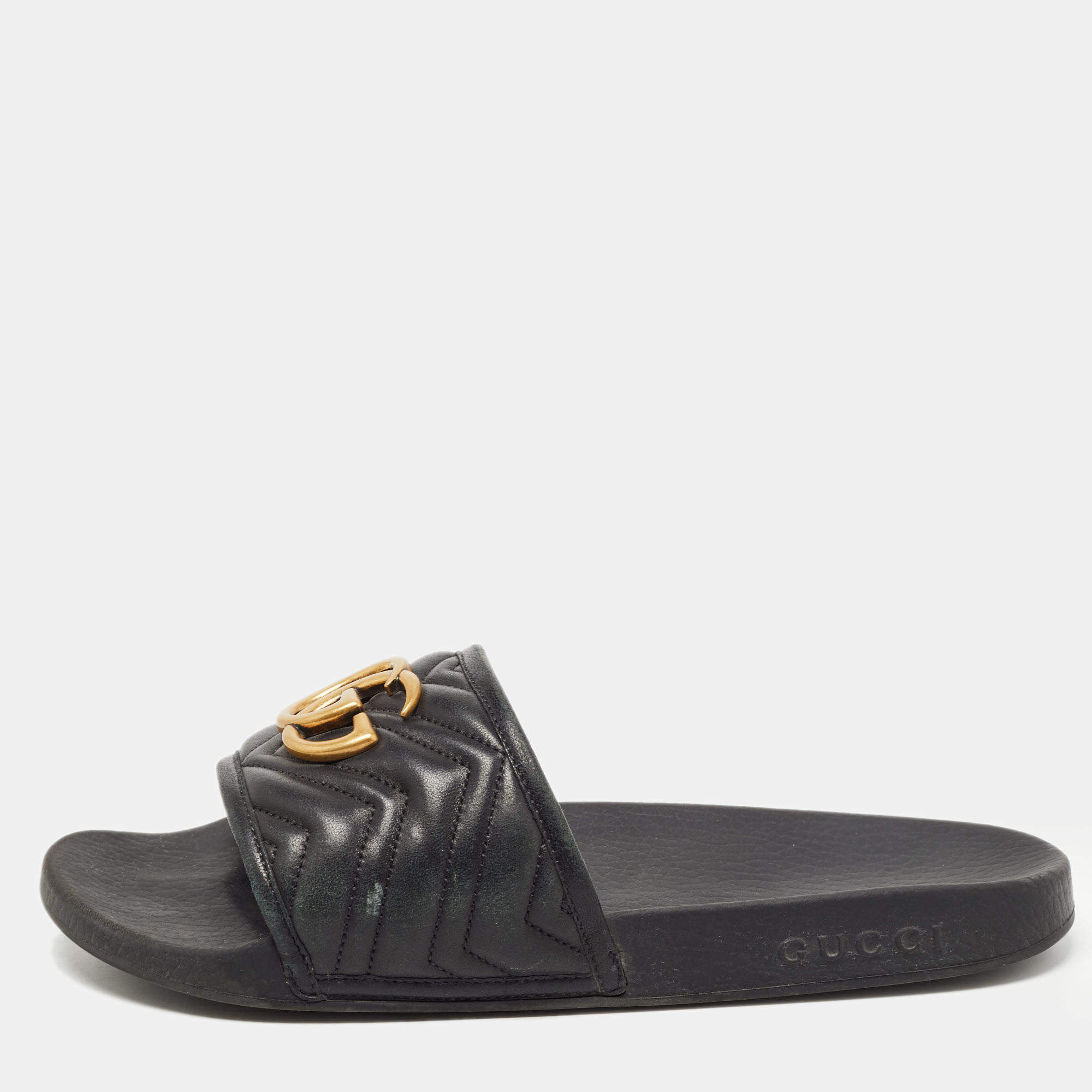 Gucci Black Leather GG Marmont Pool Slides Size 41 