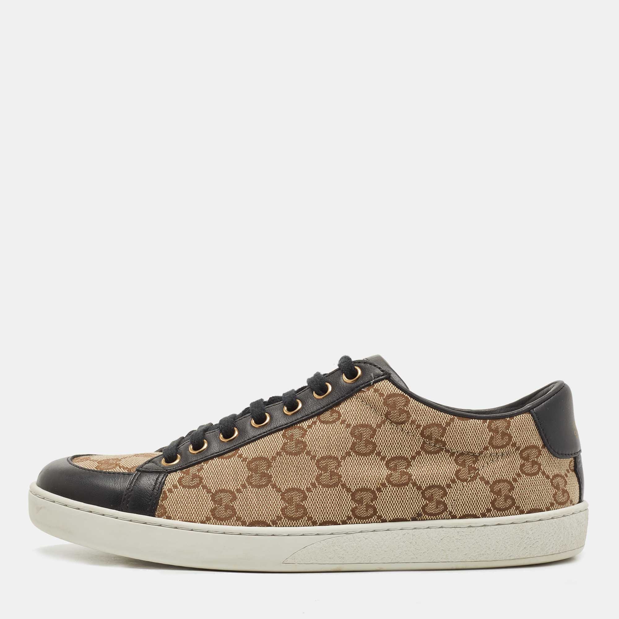 Pre Owned Gucci Beige/Black GG Supreme Canvas and Leather Low Top Sneakers Size 39