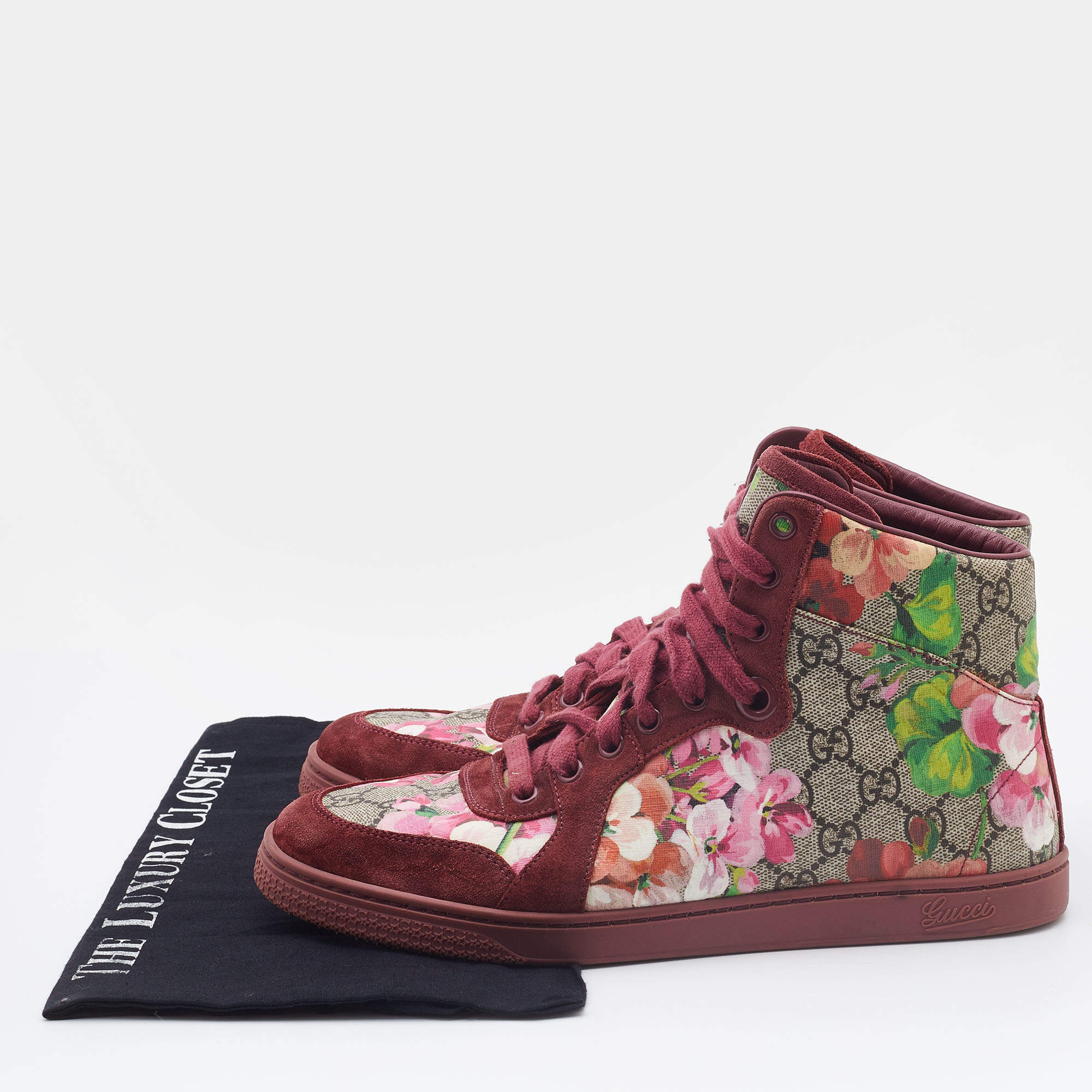 Beige/Pink Bloom GG Supreme Canvas and Suede High Top Sneakers Size 39 Gucci | TLC