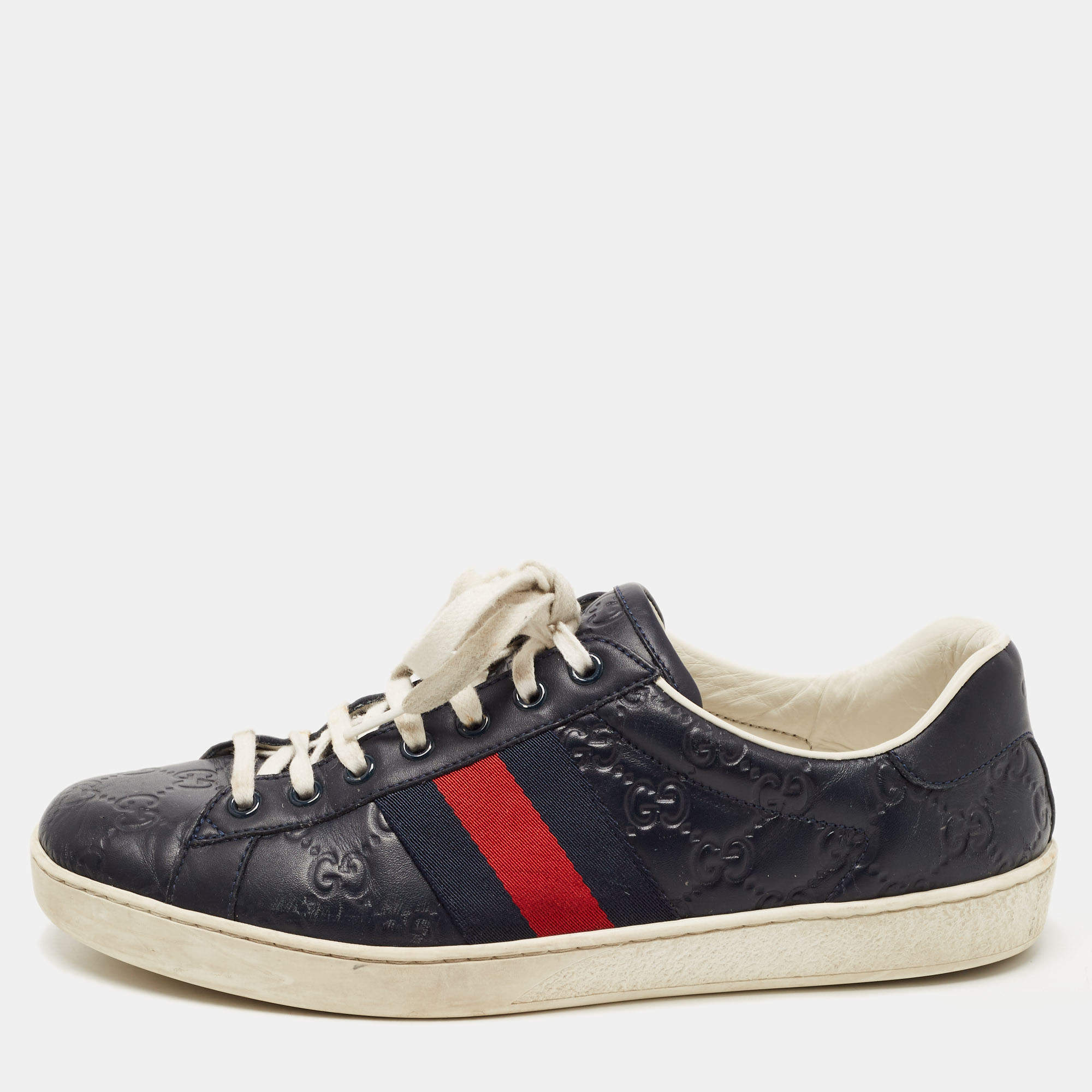 Gucci Navy Blue Guccissima Leather Ace Sneakers Size 41.5 