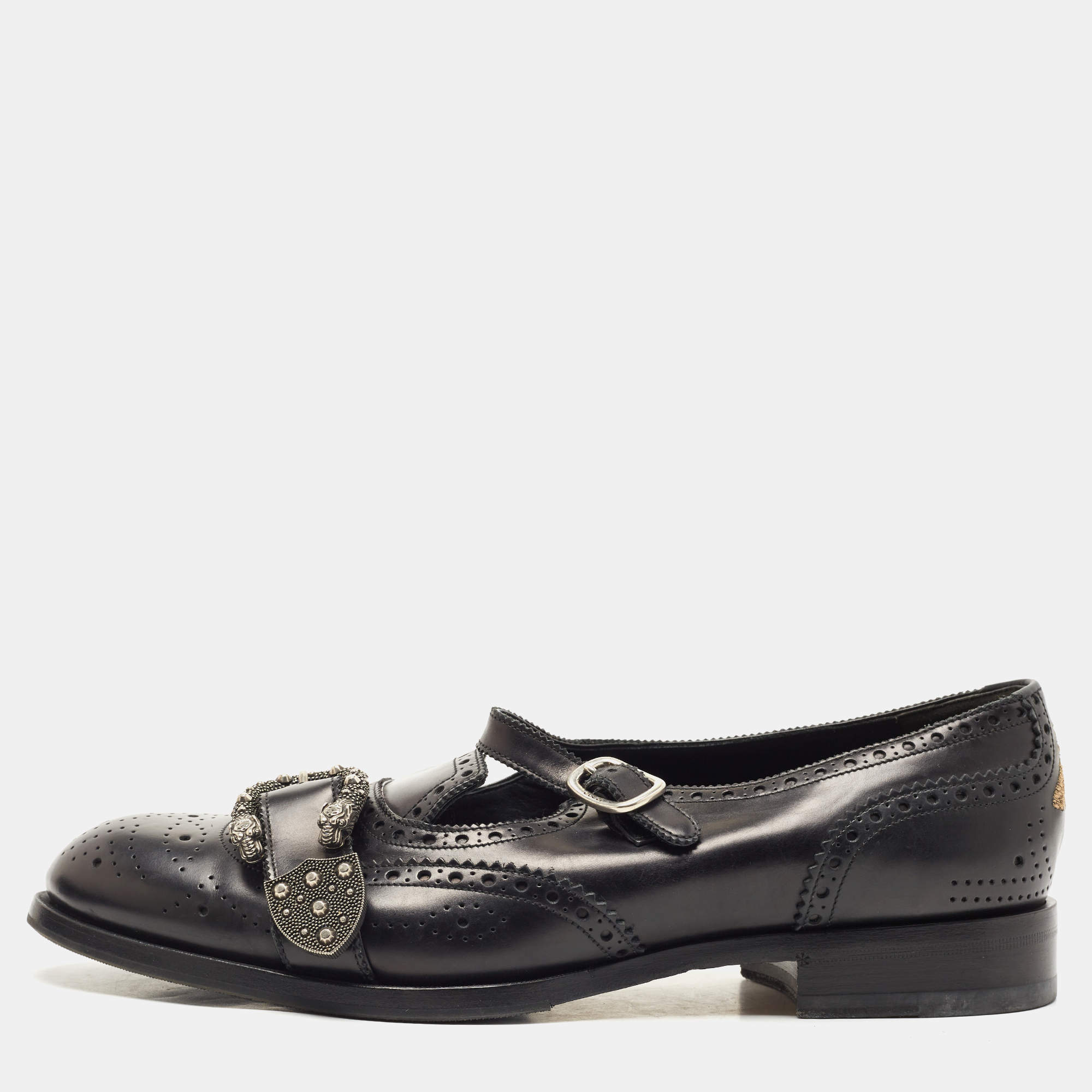 Pre Owned Gucci Black Leather Dionysus Accent Oxfords Size 46