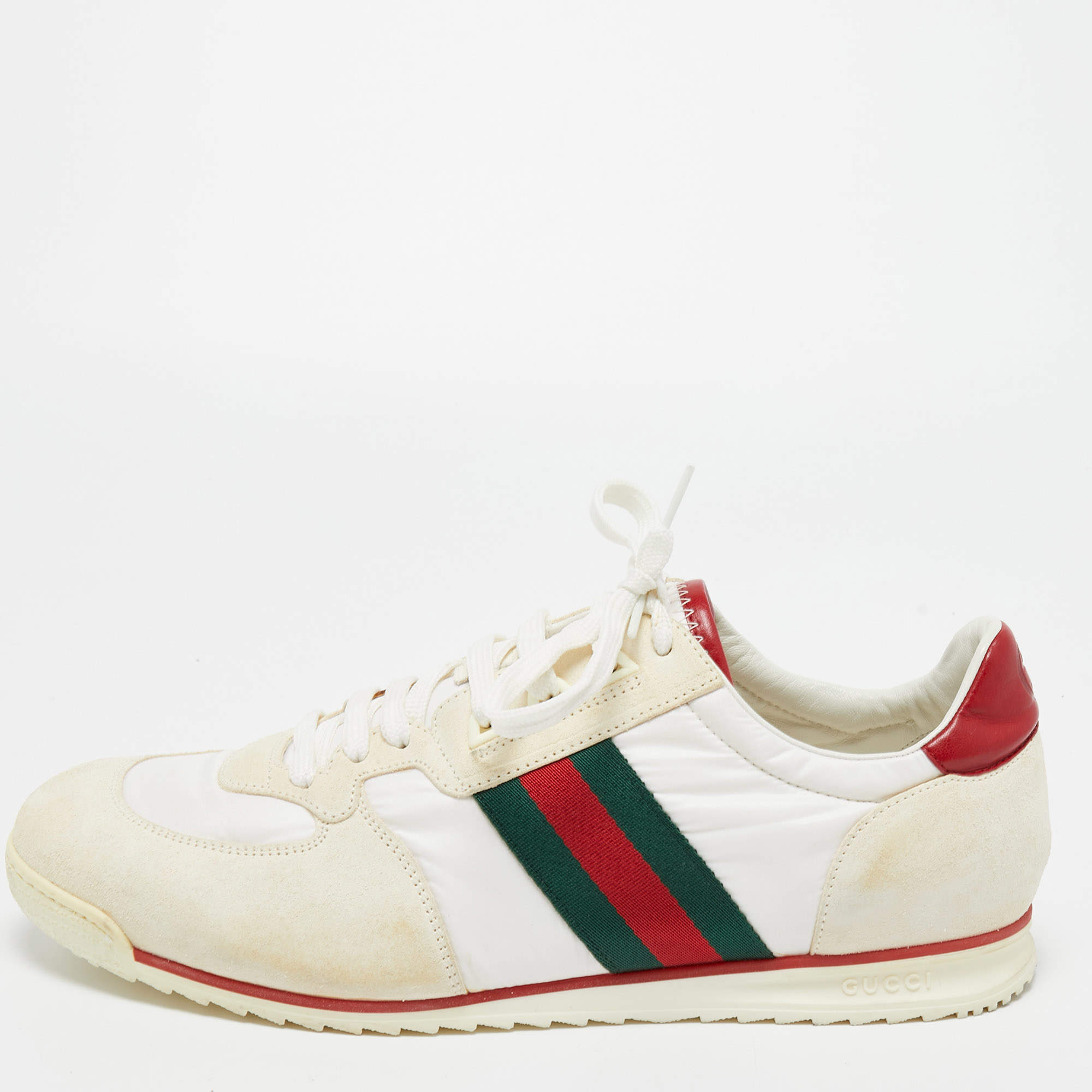 Gucci White Suede and Fabric Wed Detail Low Top Sneakers Size 44.5