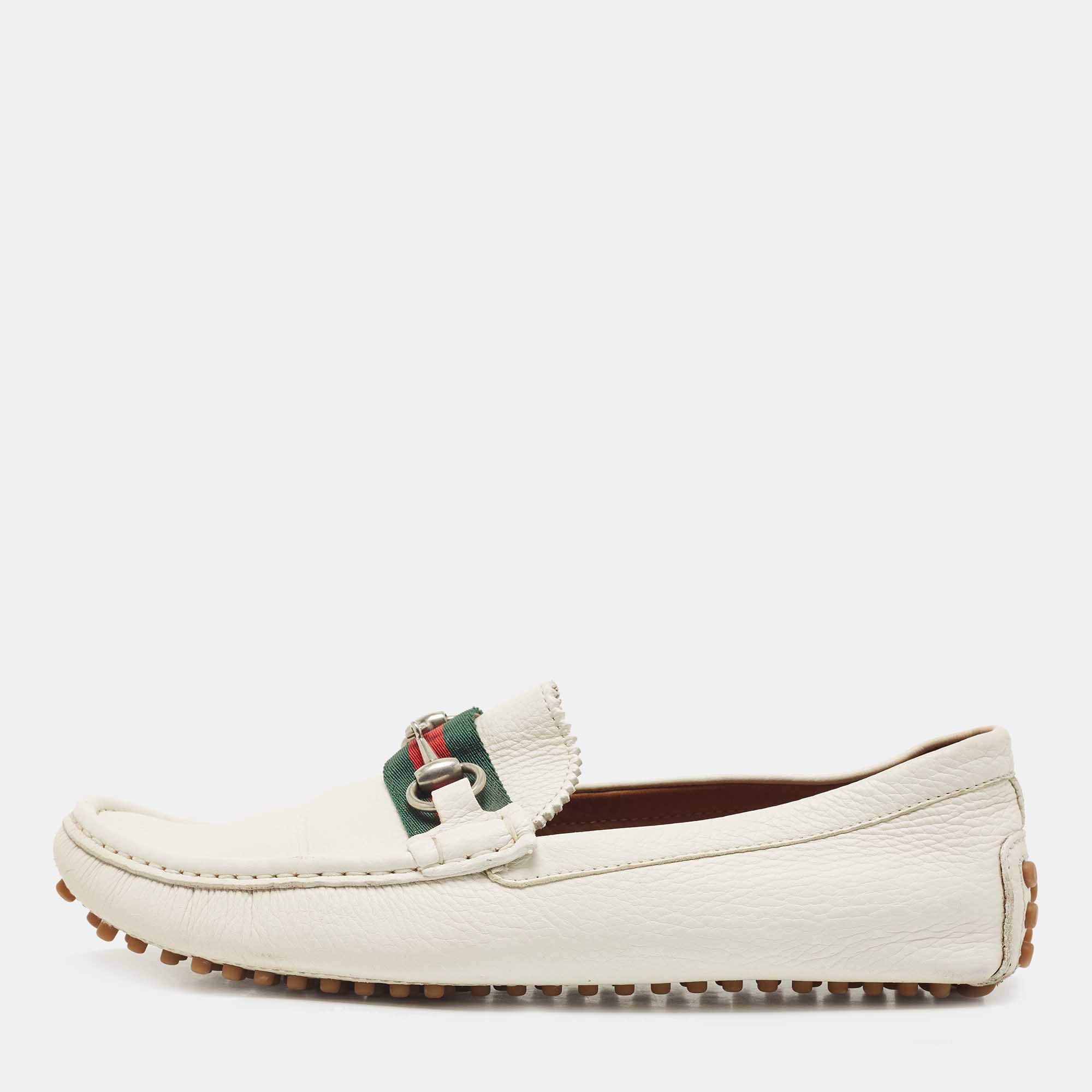 Gucci White Leather Web Horsebit Loafers Size 41