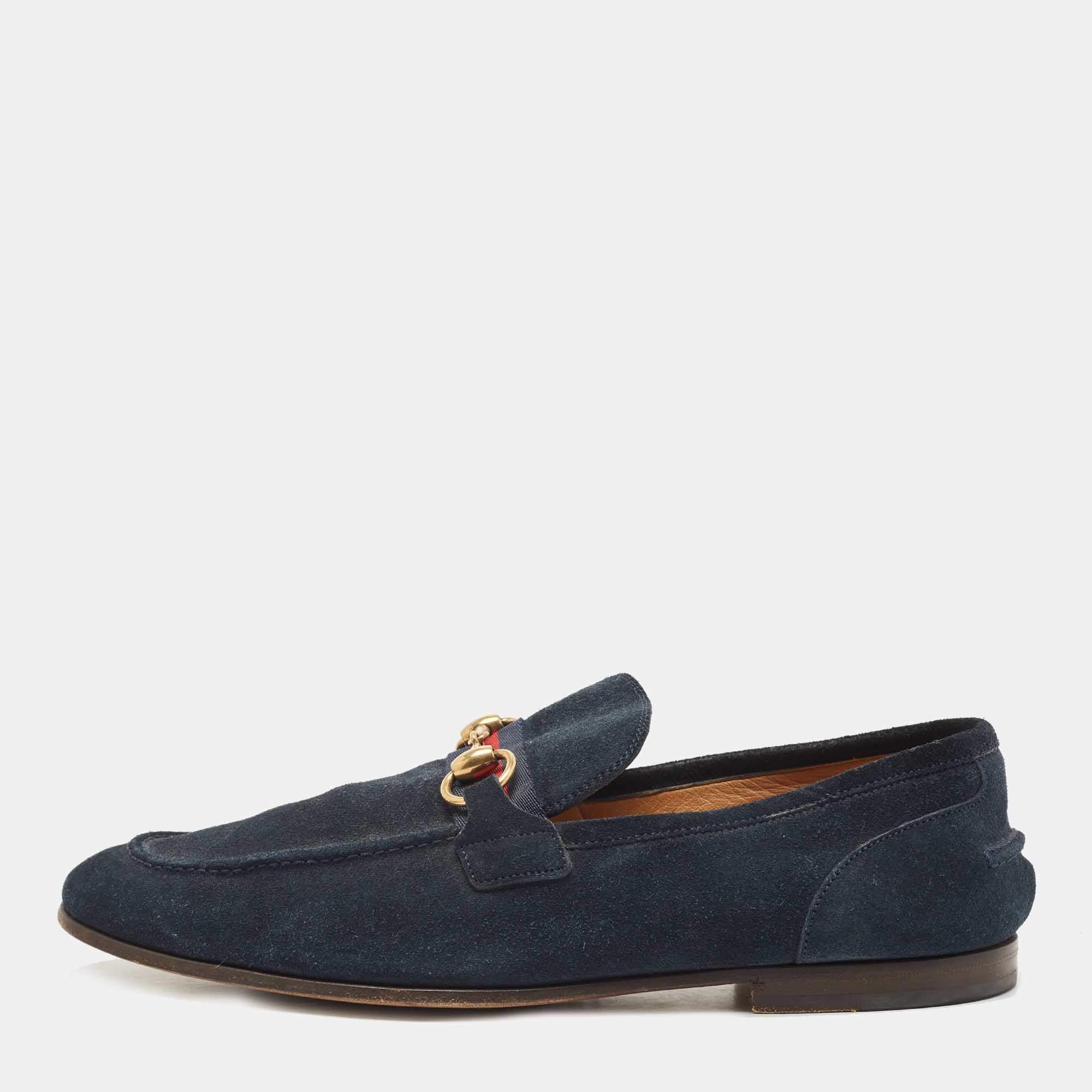 Navy Blue Suede Web Horsebit Loafers Size 41 Gucci | TLC