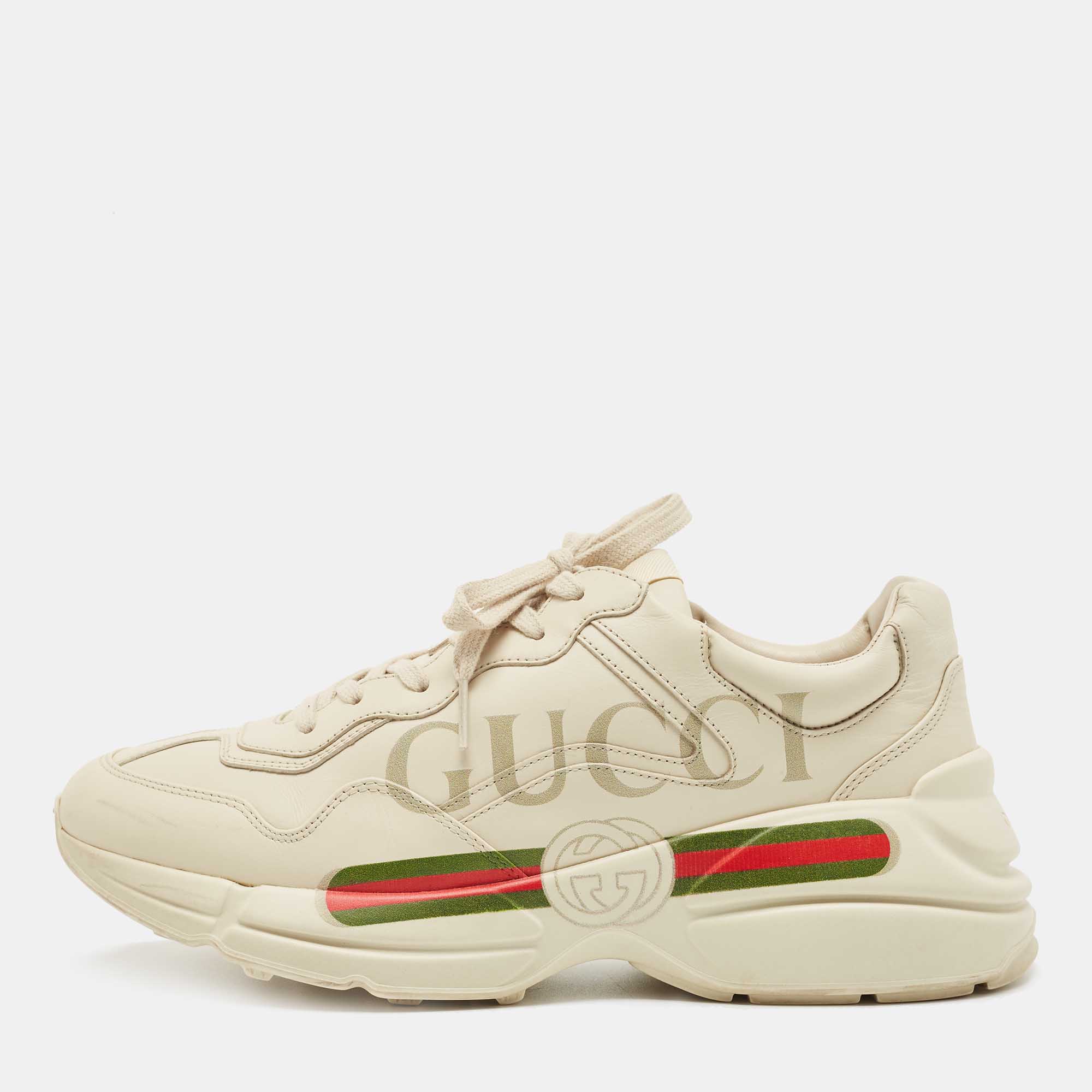 Gucci Cream Leather Rhyton Low Top Sneakers Size 41.5