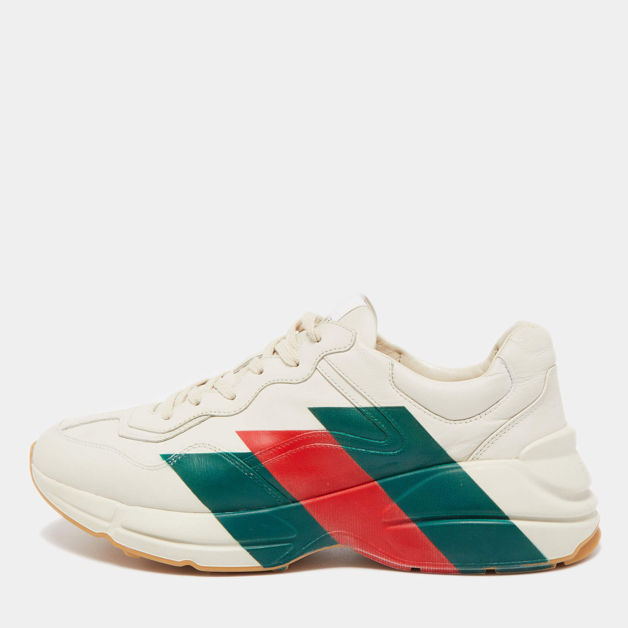 Gucci Cream Leather Rhyton Web Print Low Top Sneakers Size 44