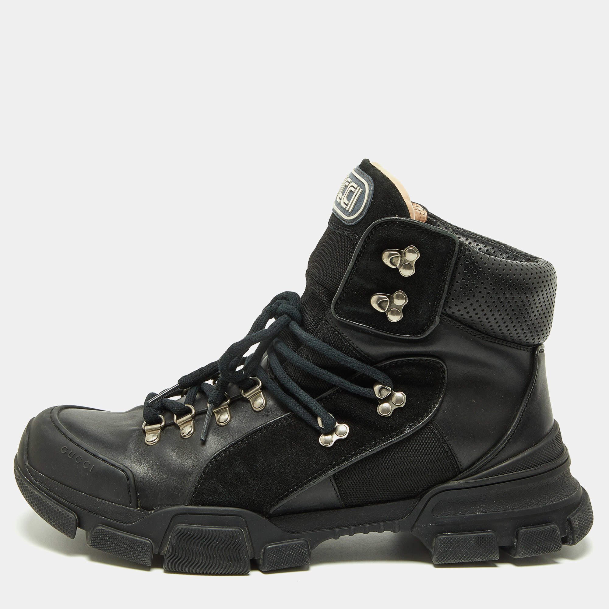 Gucci Black Leather and Suede Flashtrek Ankle Boots Size 45.5