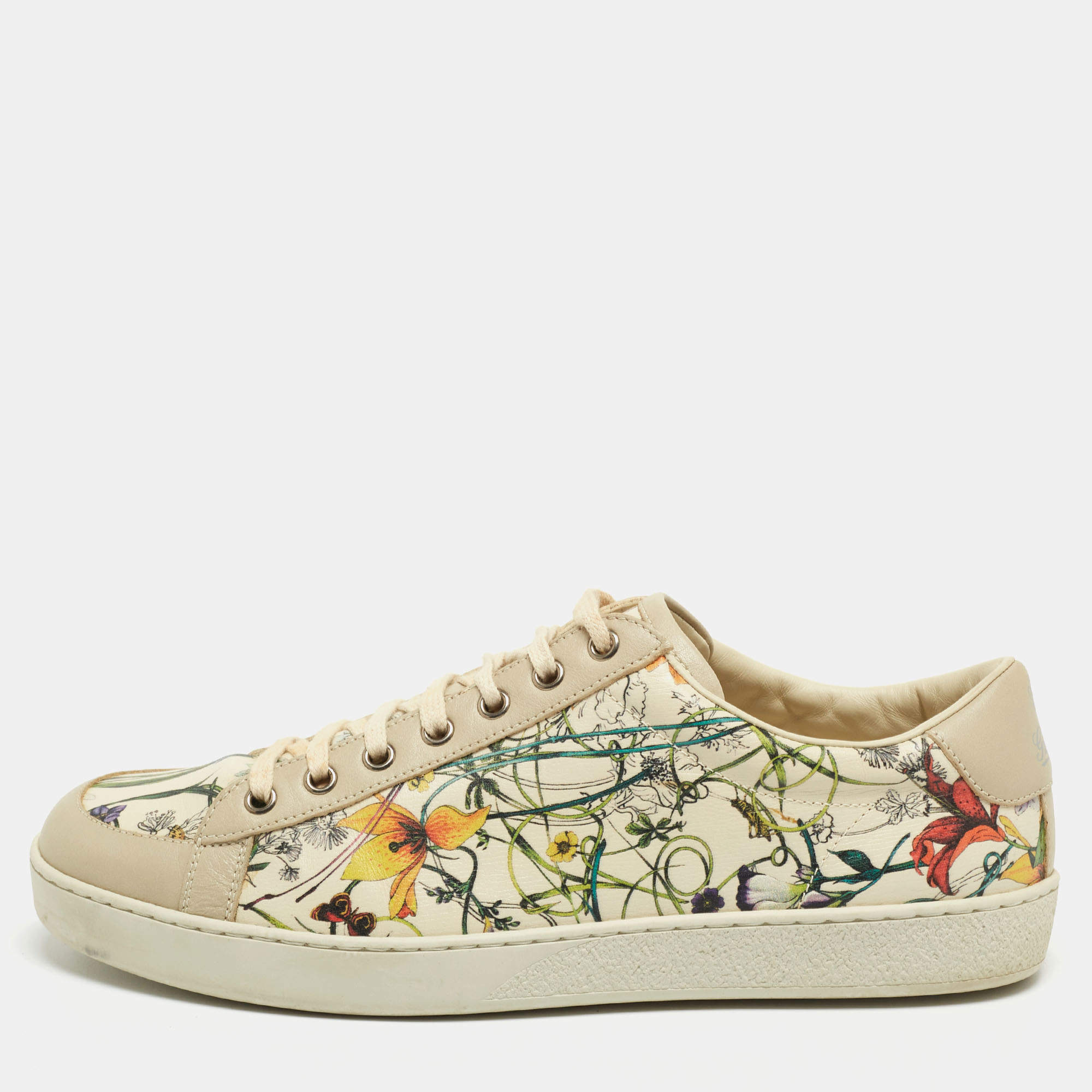 Pre Owned Gucci Grey Floral Print Leather Low Sneakers Size 43.5