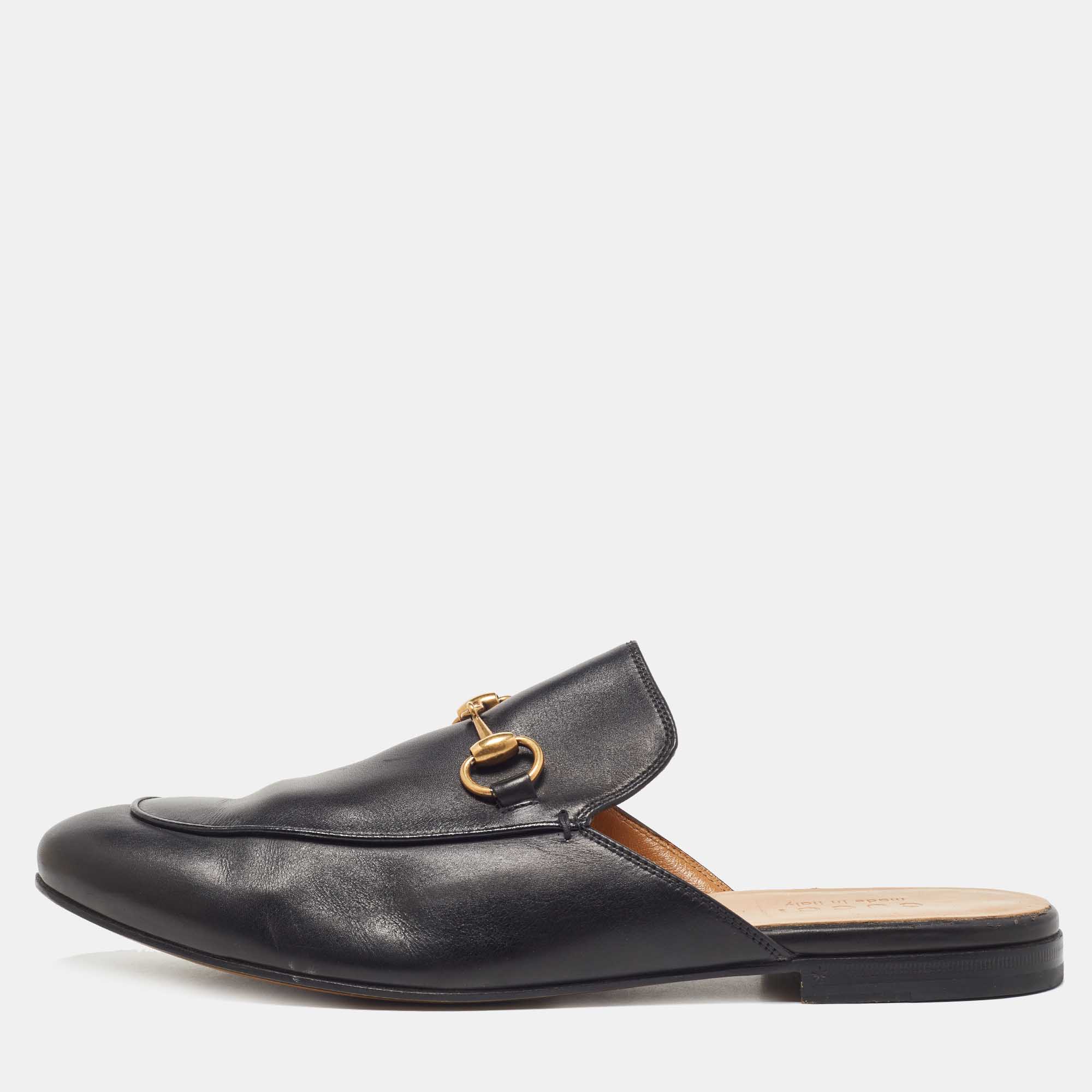 Gucci Black Leather Horsebit Princetown Flat Mules Size 42.5