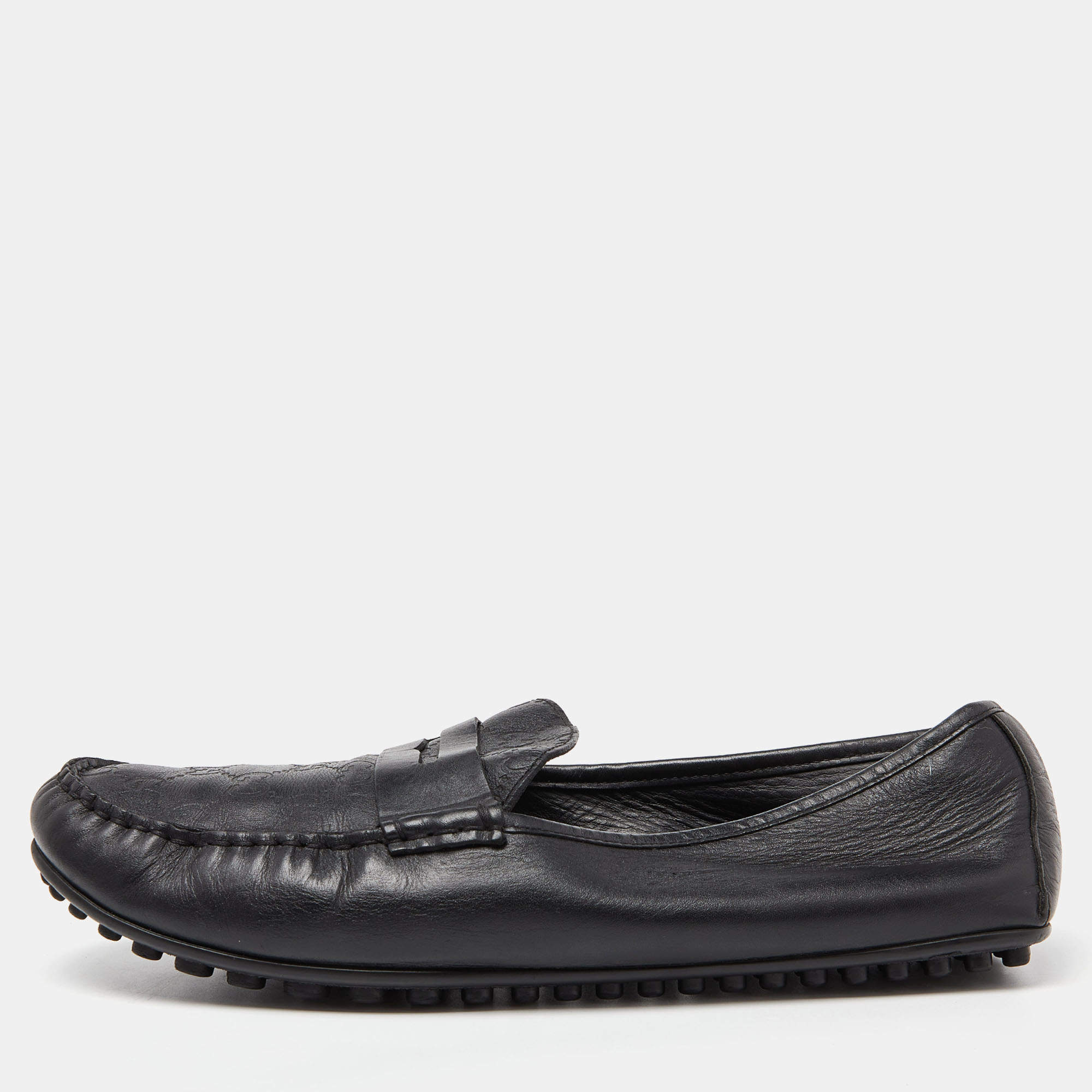 Pre Owned Gucci Black Guccissima Leather Penny Loafers Size 44