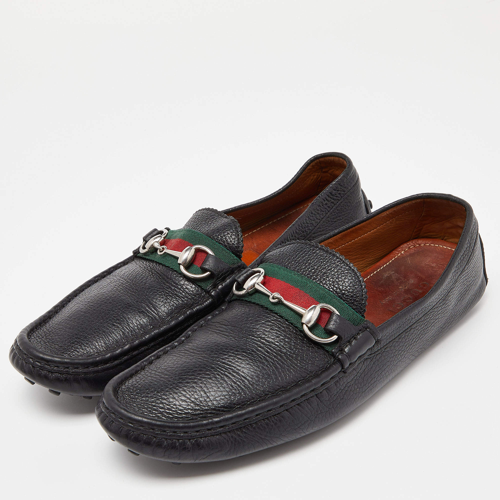 Gucci Black Leather Web Horsebit Loafers Size 44