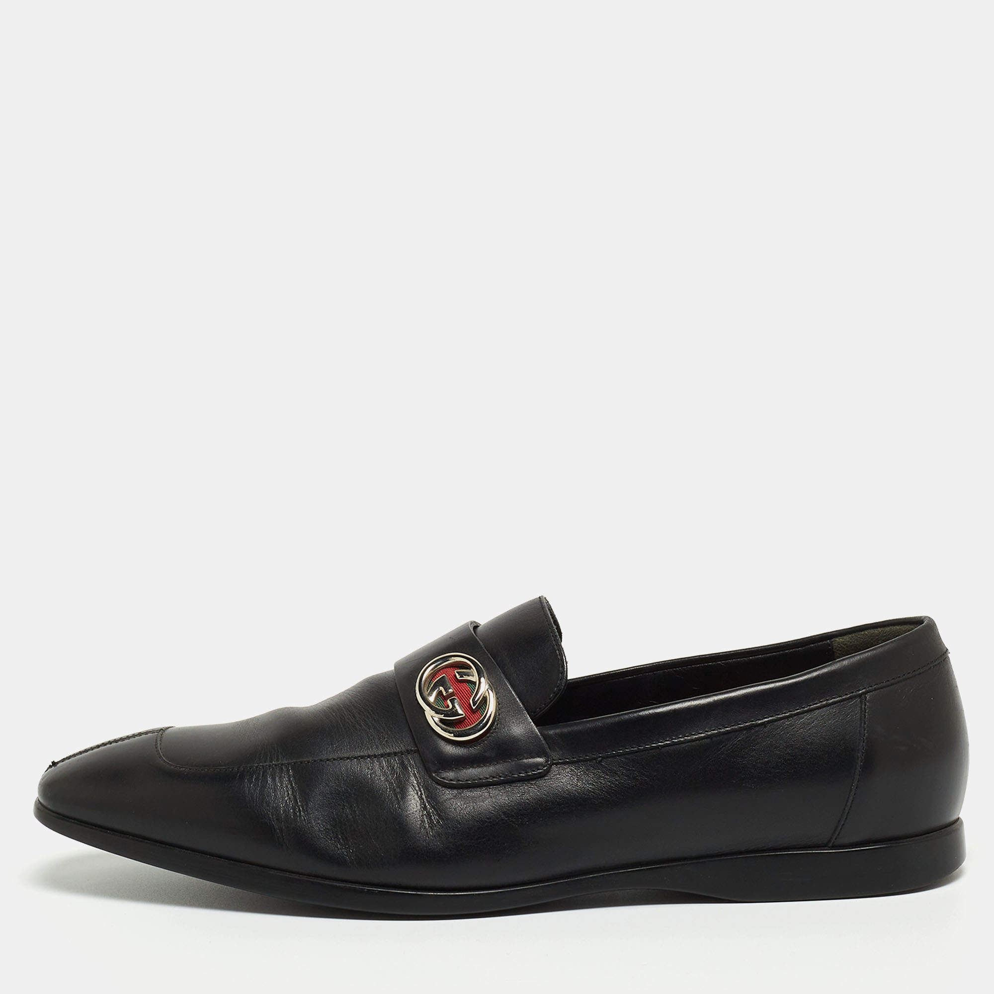 مملوكة مسبقًا Gucci Black Leather GG Slip On Loafers Size 42