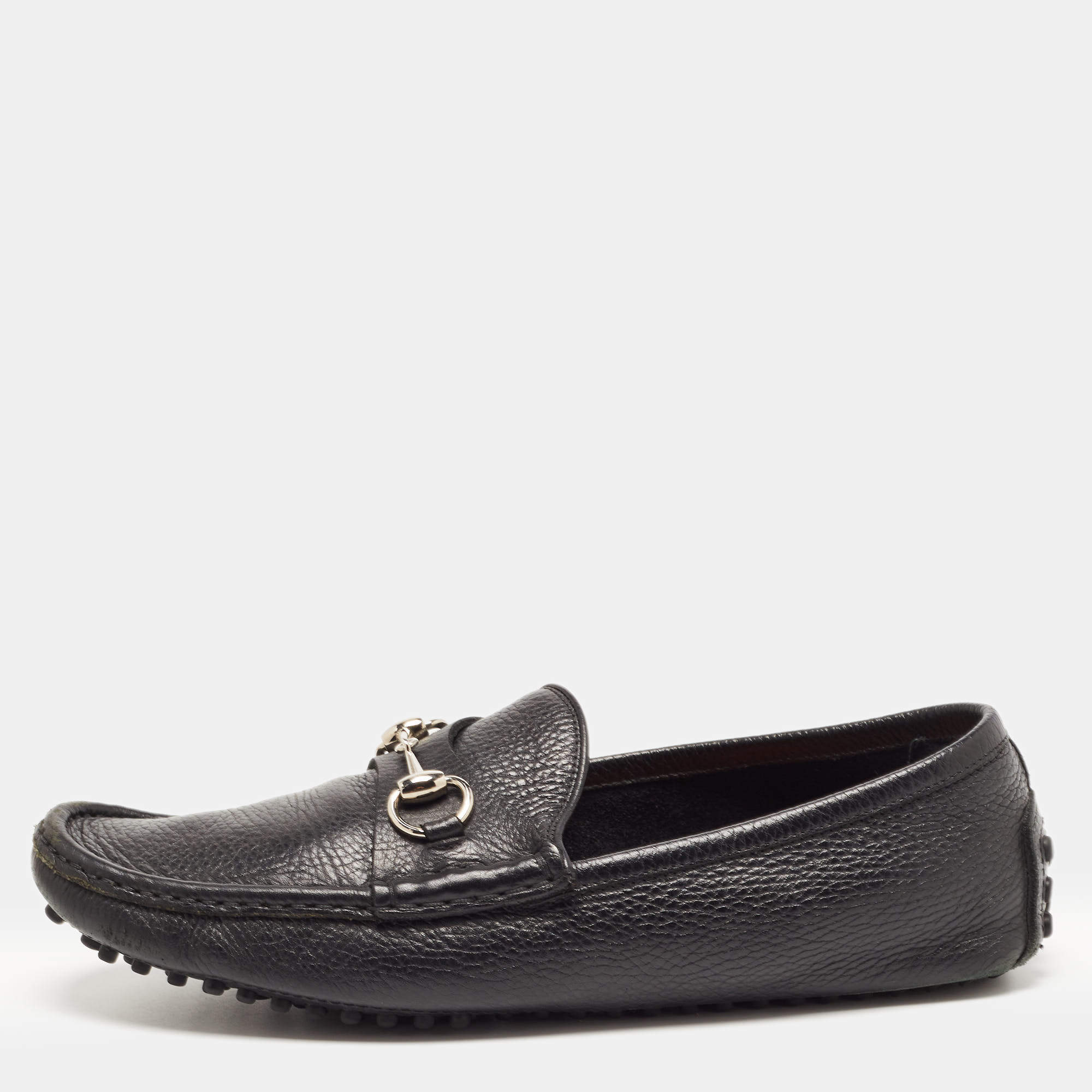 Gucci Black Leather Horsebit Slip On Loafers Size 42