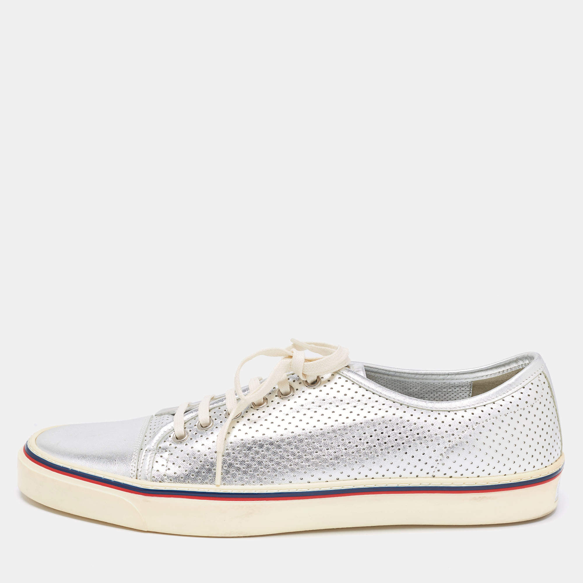 Gucci Silver Perforated Leather Low Top Sneakers Size 44.5 