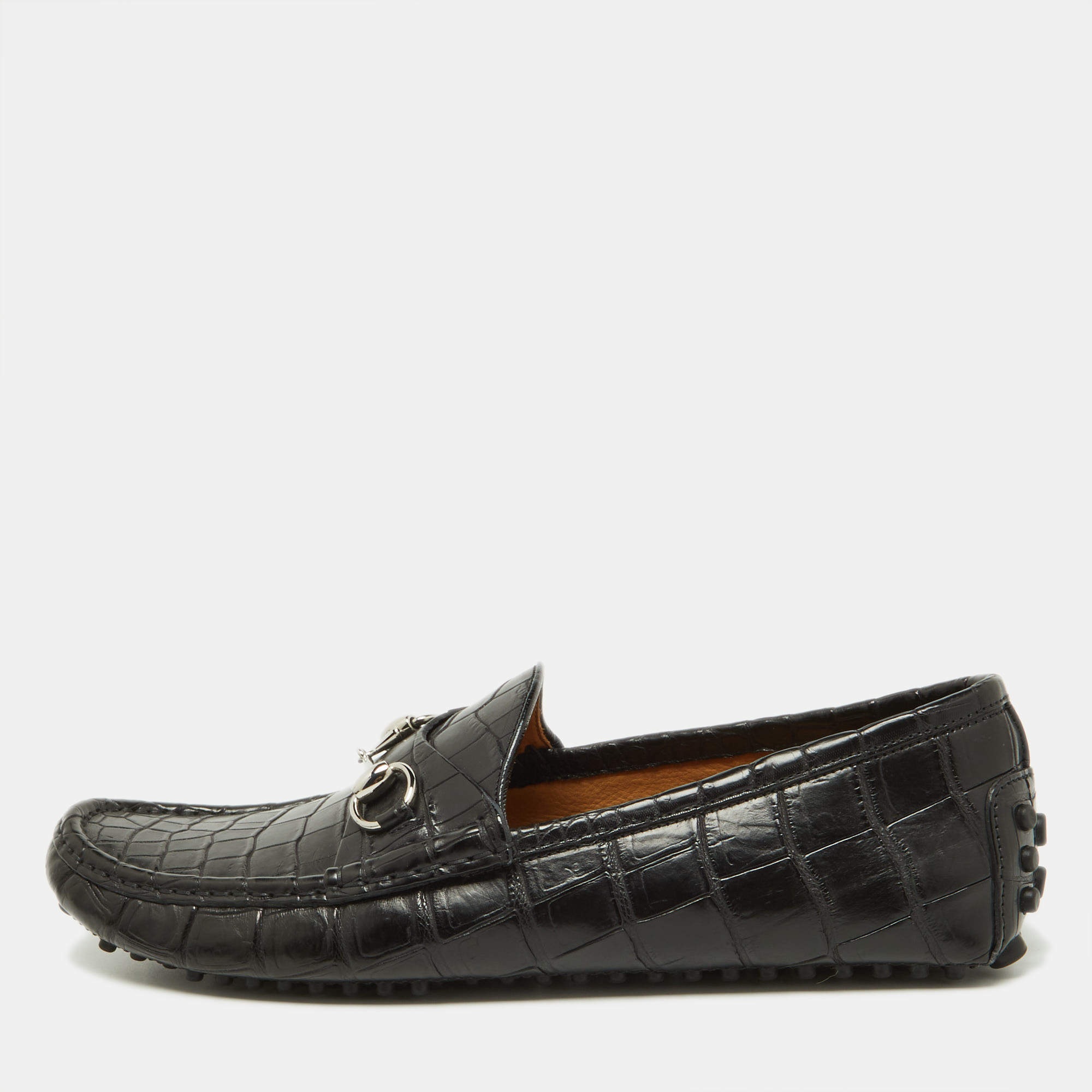 Pre Owned Gucci Black Crocodile 1953 Horsebit Loafers Size 44