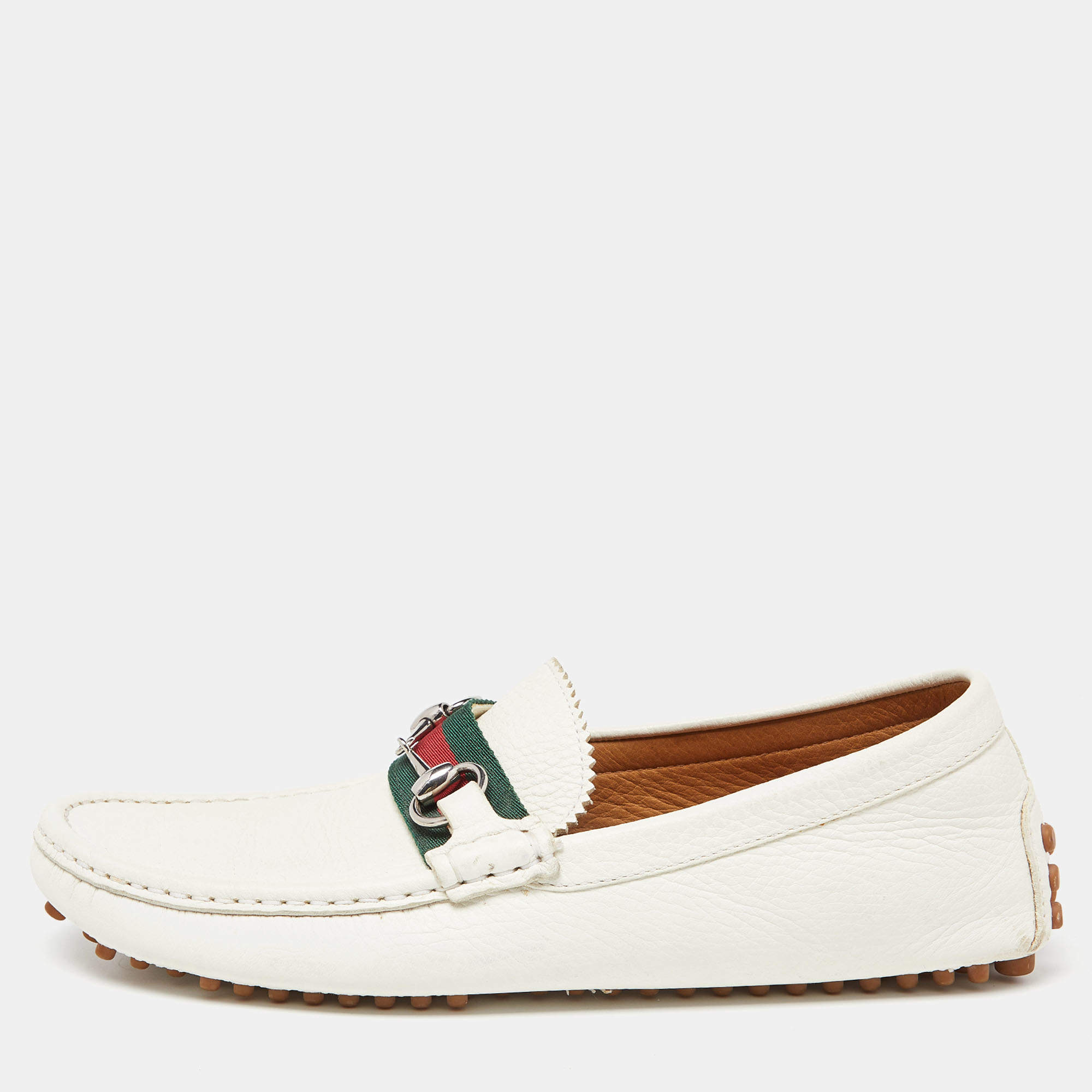 Gucci Off White Leather Web Horsebit Loafers Size 41