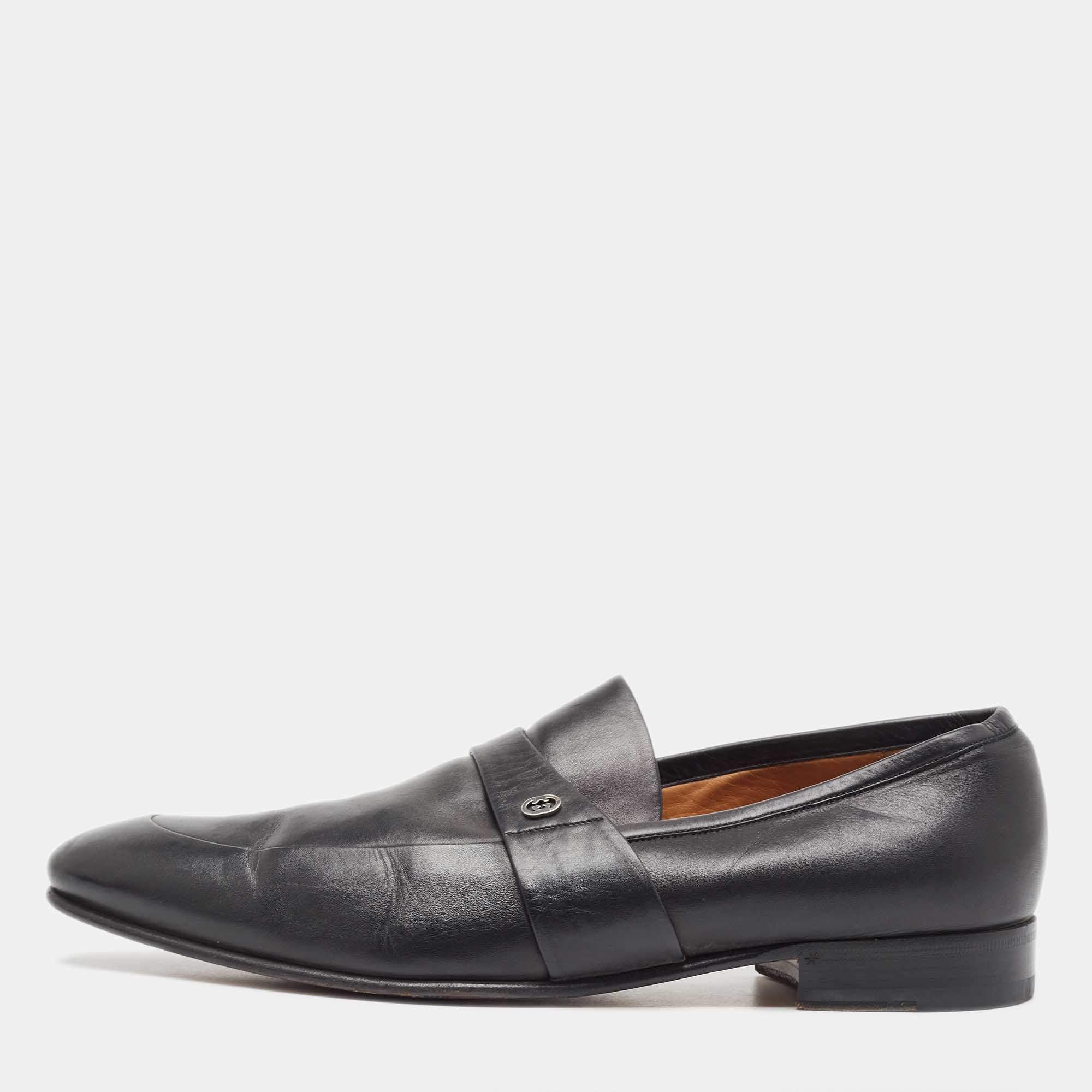 Pre Owned Gucci Black Leather Slip On Loafers Size 44