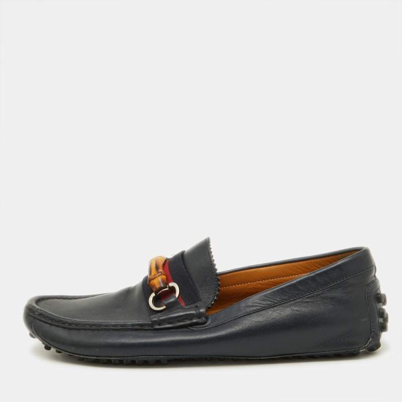 Pre Owned Gucci Navy Blue Leather Web Bamboo Horsebit Loafers Size 41