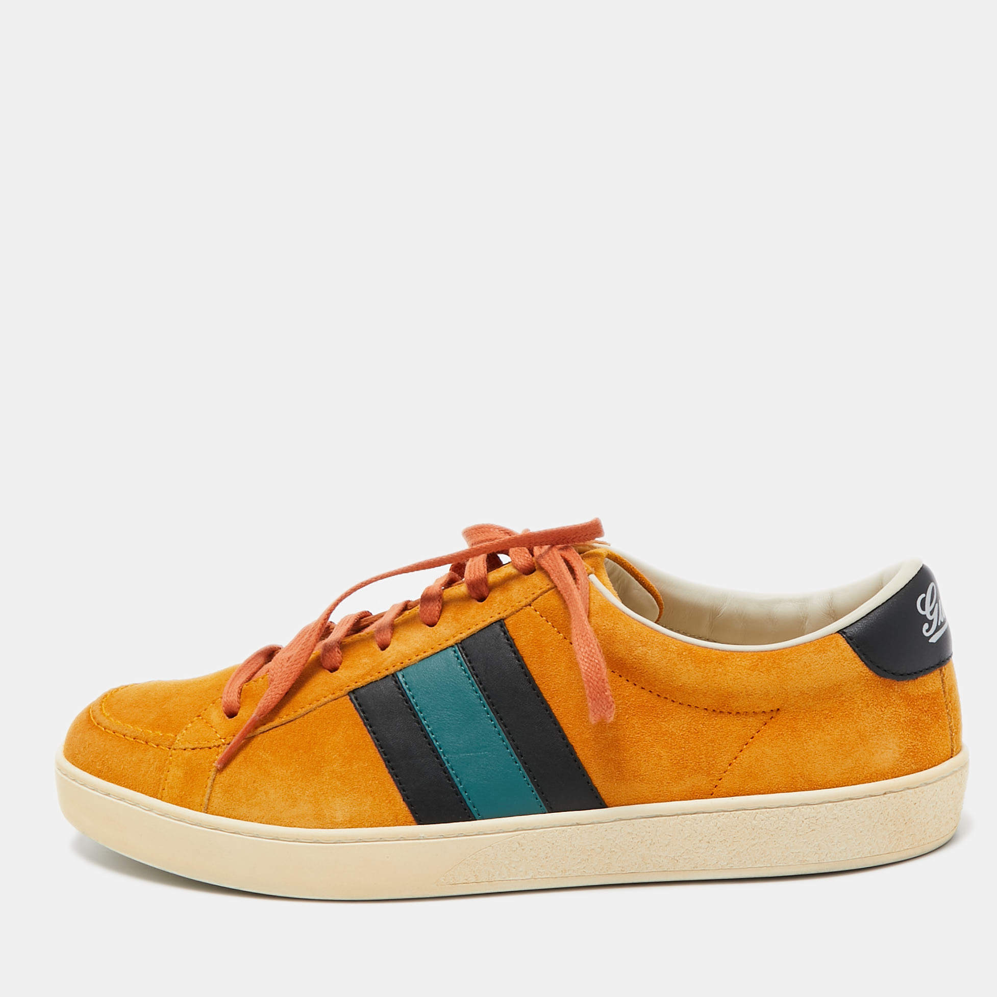 Gucci Mustard Suede Web Low Top Sneakers Size 42.5