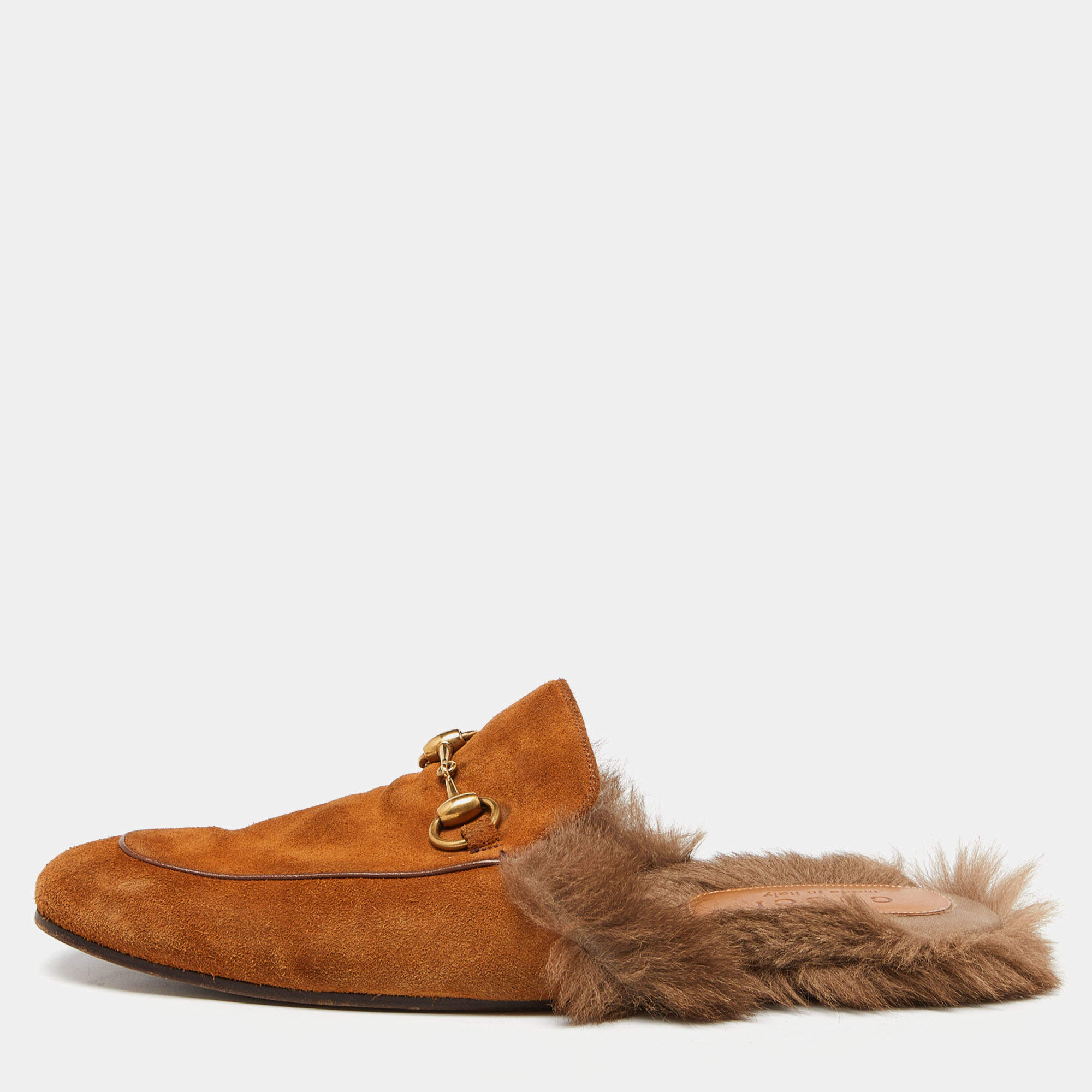 Gucci Brown Suede and Fur Lined Princetown Flat Mules Size 42