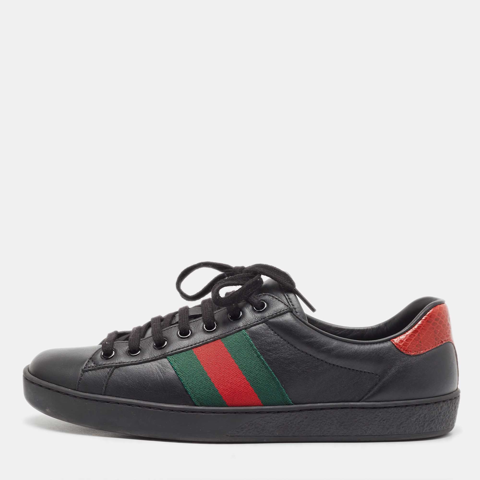 Gucci Black Leather Ace Web Low Top Sneakers Size 41.5
