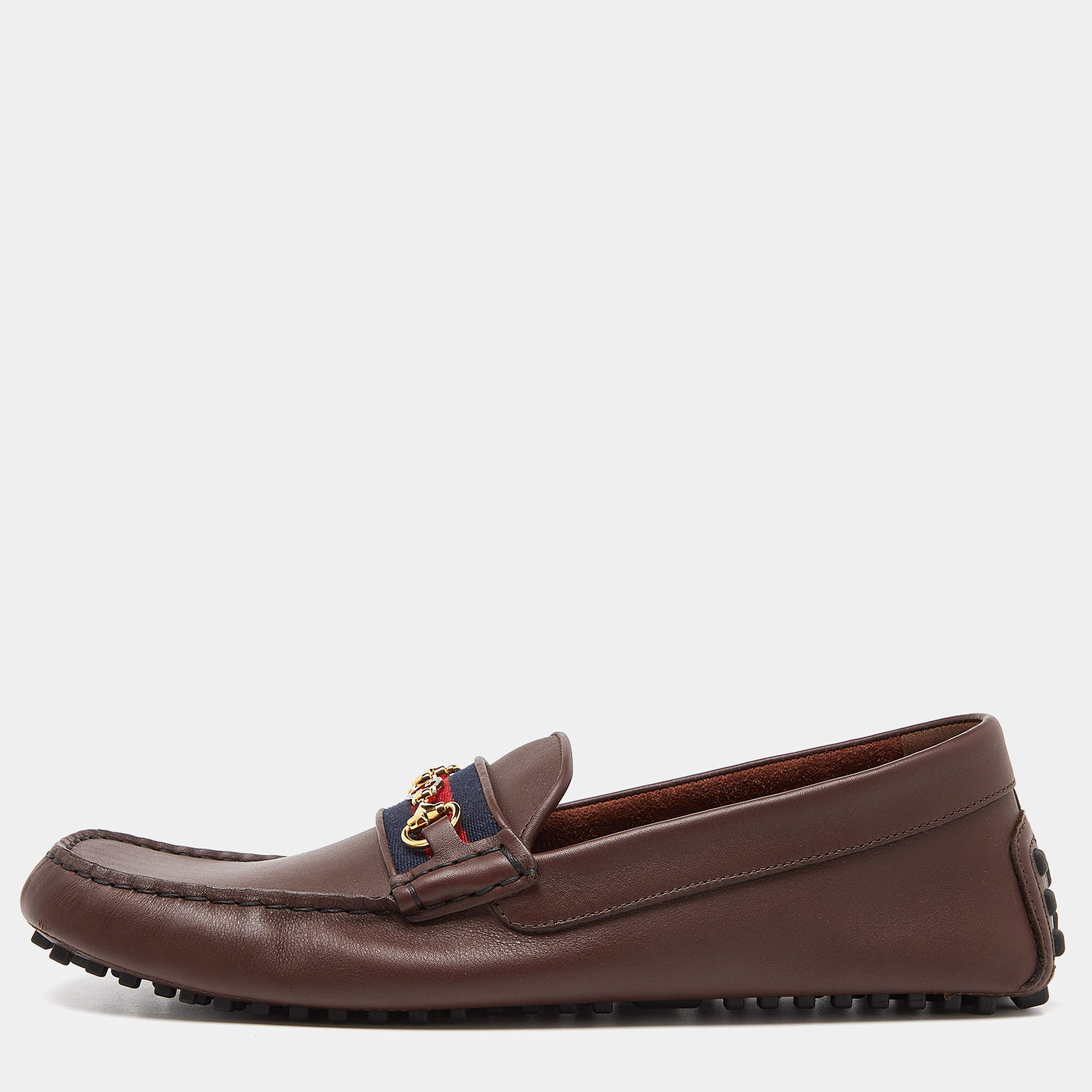 Gucci Brown Leather Web Horsebit Slip On Loafers Size 44