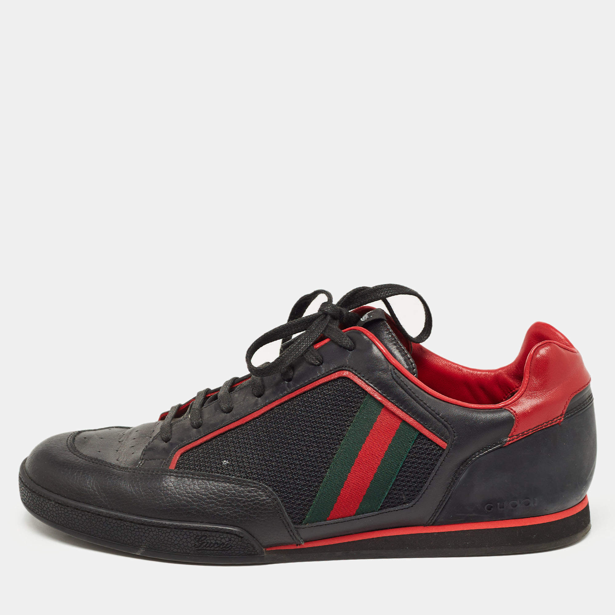 Gucci Black/Red Leather and Mesh Vintage Tennis Sneakers Size 43.5 