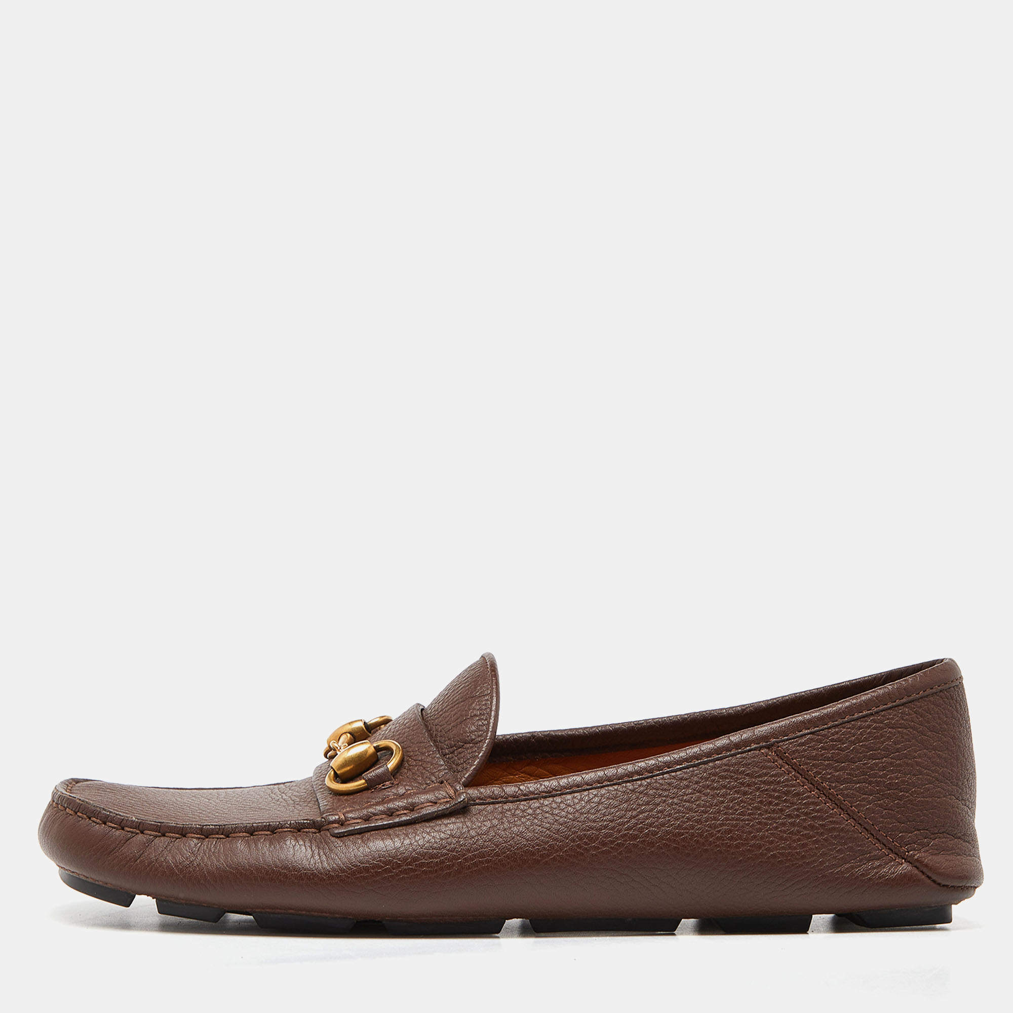 Pre Owned Gucci Brown Leather Horsebit Slip On Loafers Size 41