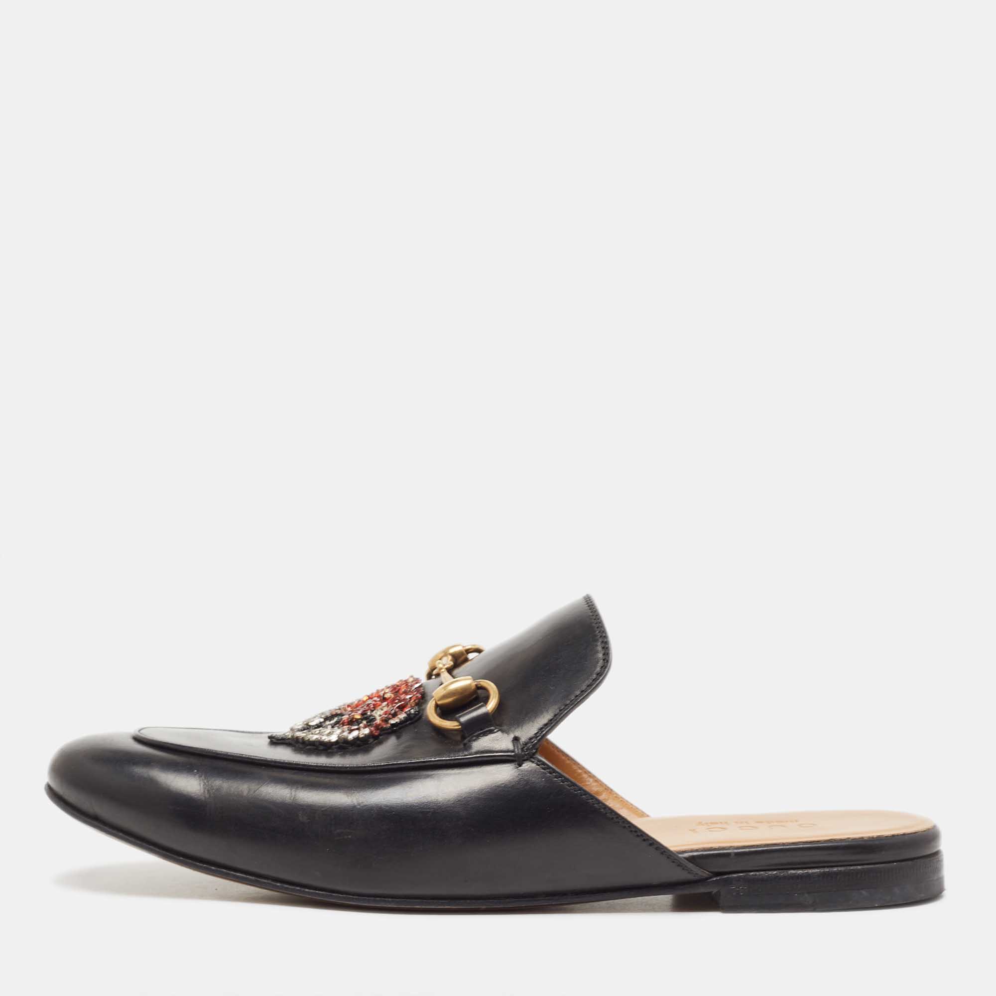 Gucci Black Leather Princetown Embellished Horsebit Flat Mules Size 41