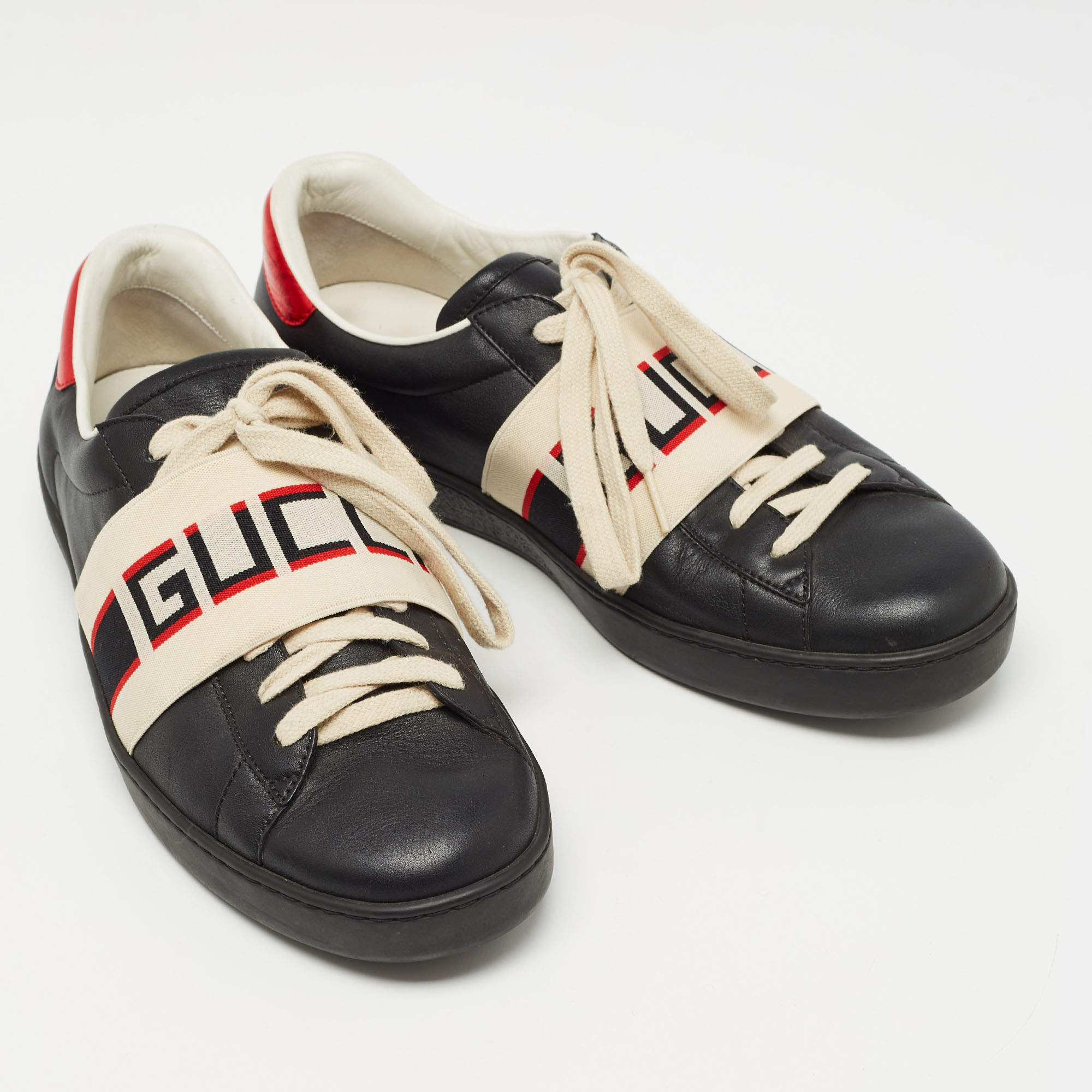 Gucci Black Leather And Stretch Band New Ace Logo Strap Low Top Sneakers  Size 42.5 Gucci | TLC US